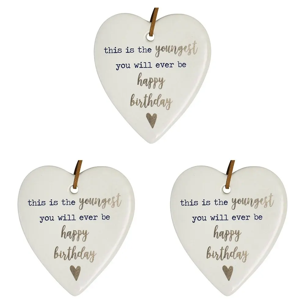 3x Ceramic Hanging 9cm Heart Youngest Birthday w/Hanger Ornament Home Room Decor