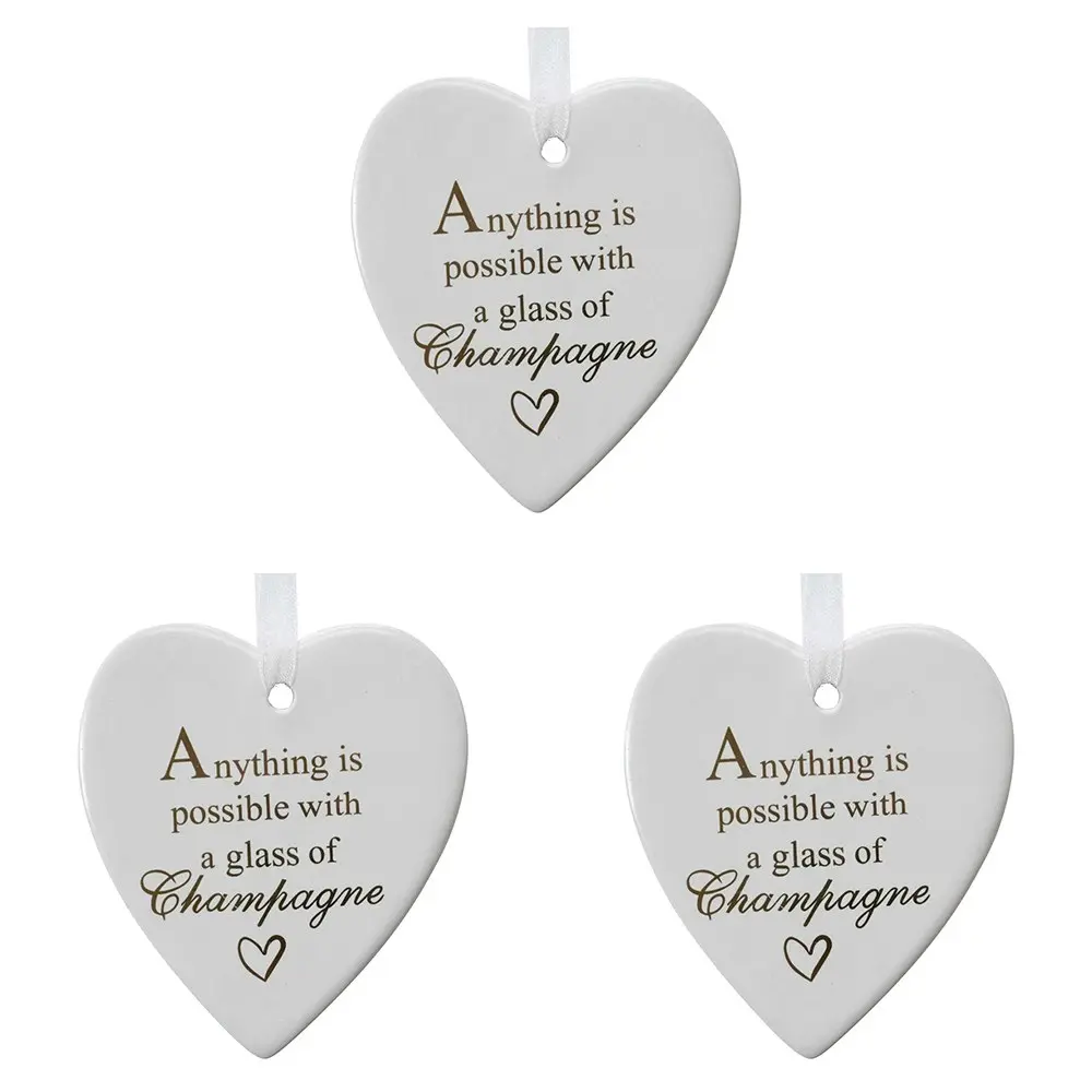 3x Ceramic Hanging 9cm Heart Champagne Poss w/ Hanger Ornament Home/Office Decor