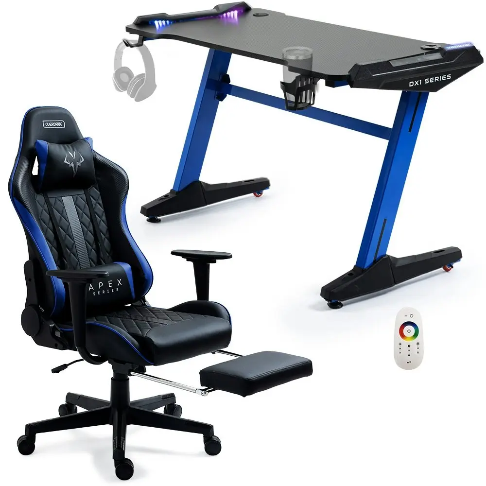 Overdrive Gaming Office Chair and Desk Combo, LED-FX Light Effects, USB Outlets, Headset Hanger, Cup Holder and Footrest, Black/Blue