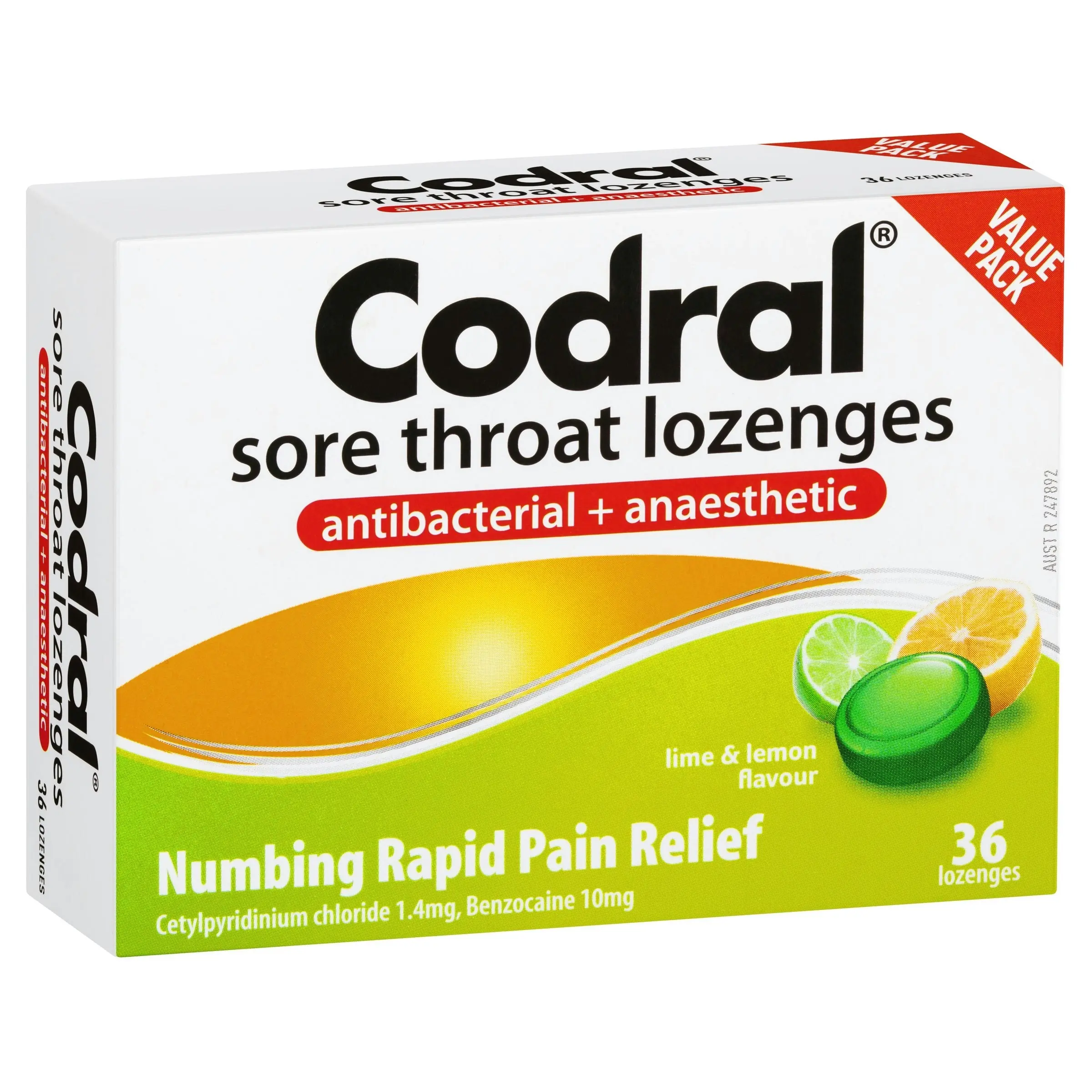 CODRAL Sore Throat Lozenges Antibacterial + Anaesthetic Lime & Lemon 36 Pack