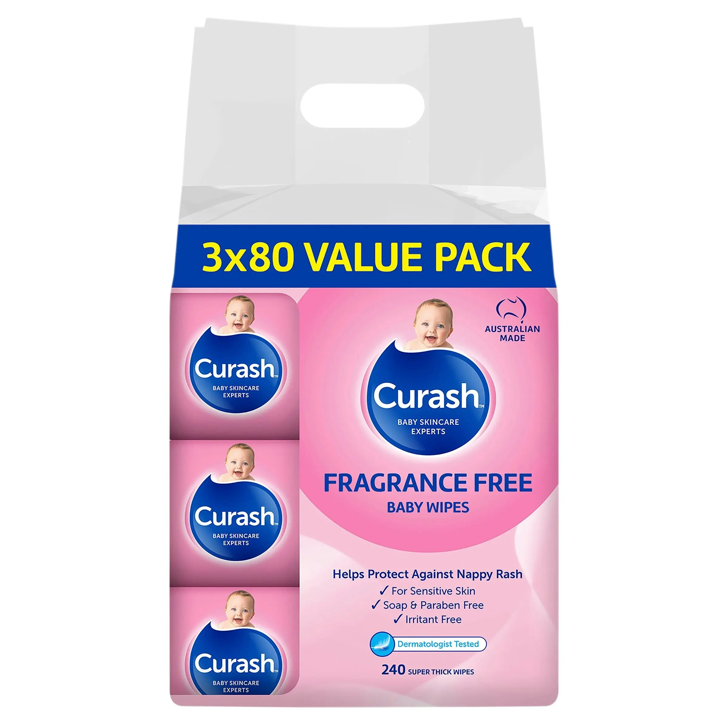 Curash Fragrance Free Wipes 3x80pk