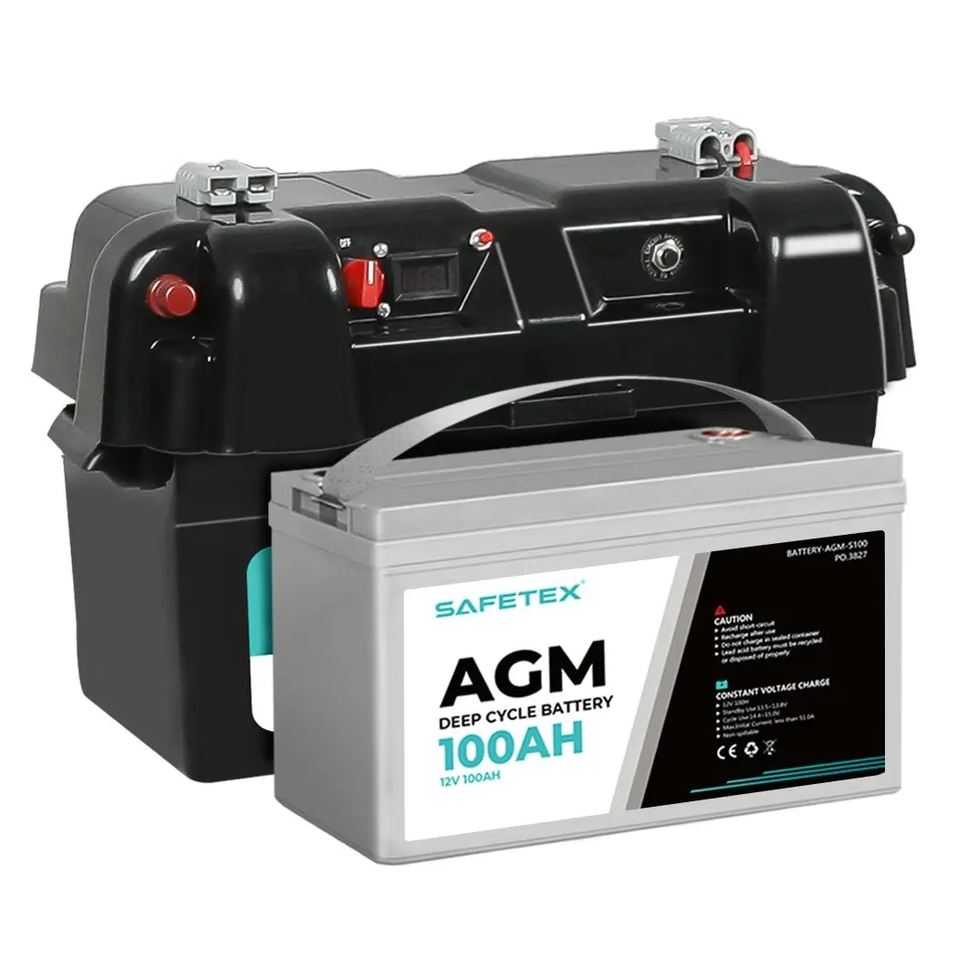 12V 100Ah AGM Battery Outdoor Rv Marine 4WD Deep Cycle & W/ Strap Battery Box