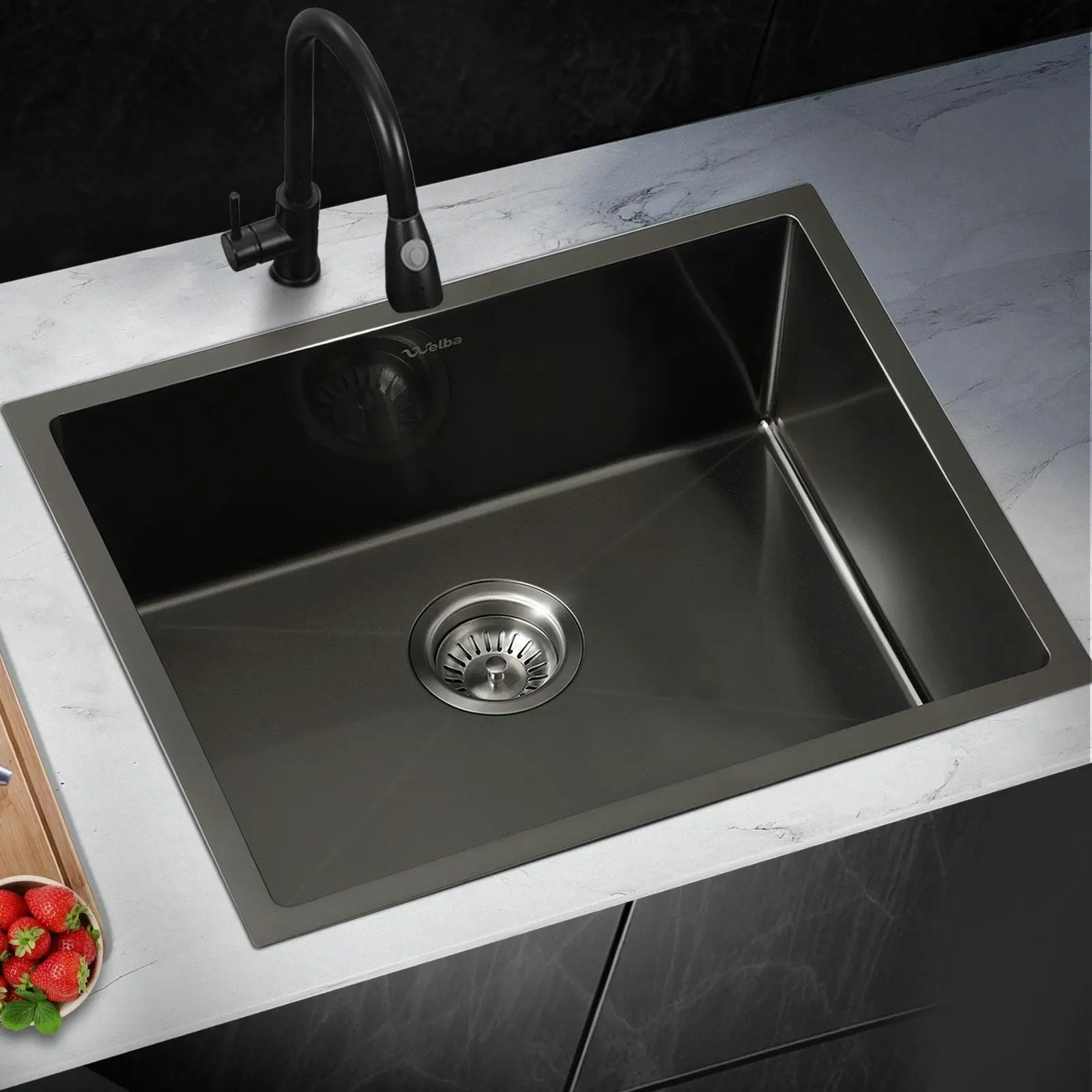 Welba Kitchen Sink 58X44CM Stainless Steel Single Bowl Basin With Waste Black