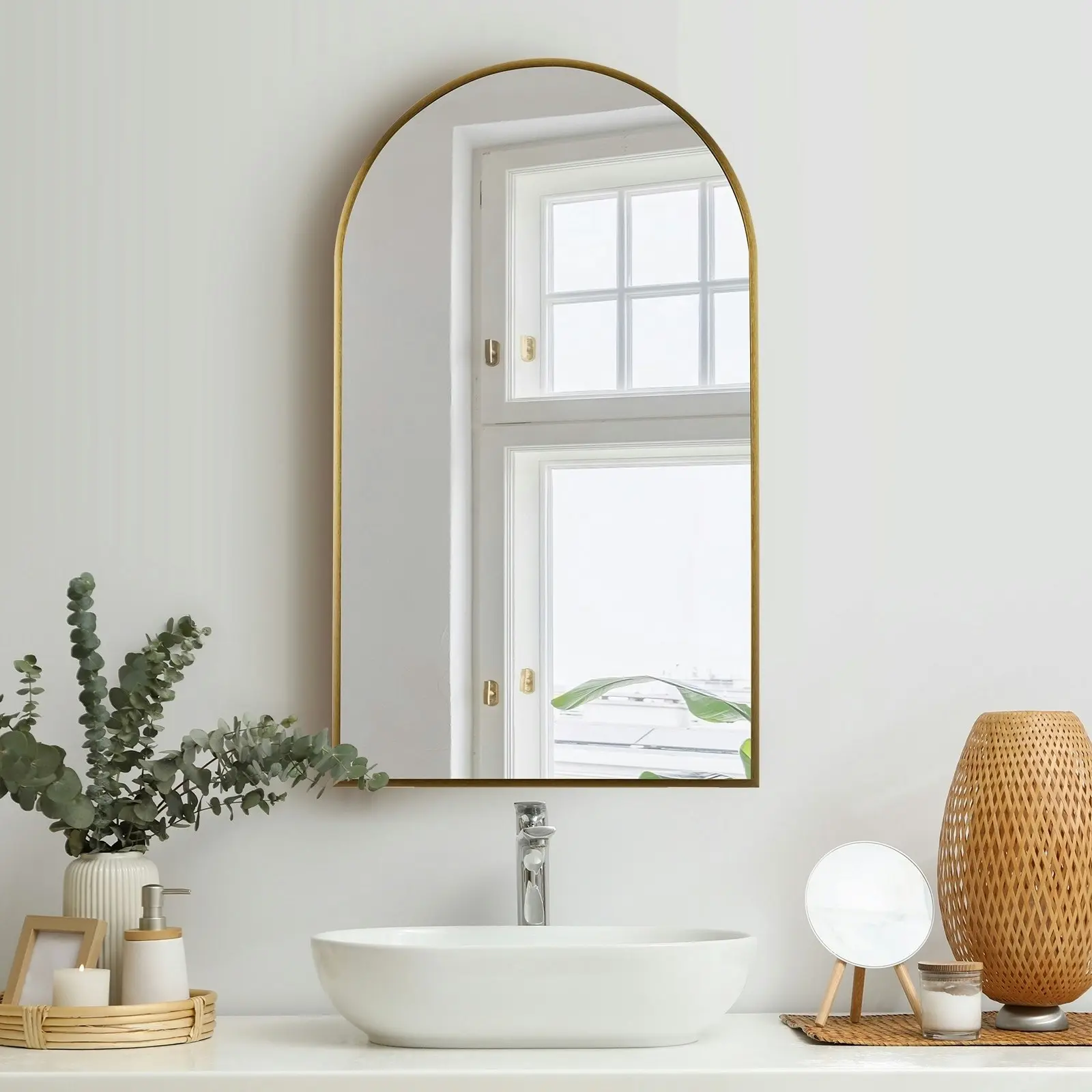 Oikiture Wall Mirrors 86x50cm Arched Makeup Mirror Home Decor Gold