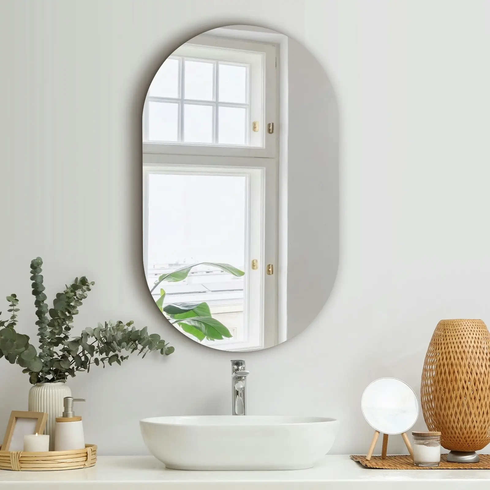 Oikiture Wall Mirrors Oval Makeup Mirror Bathroom Frameless 84x50cm