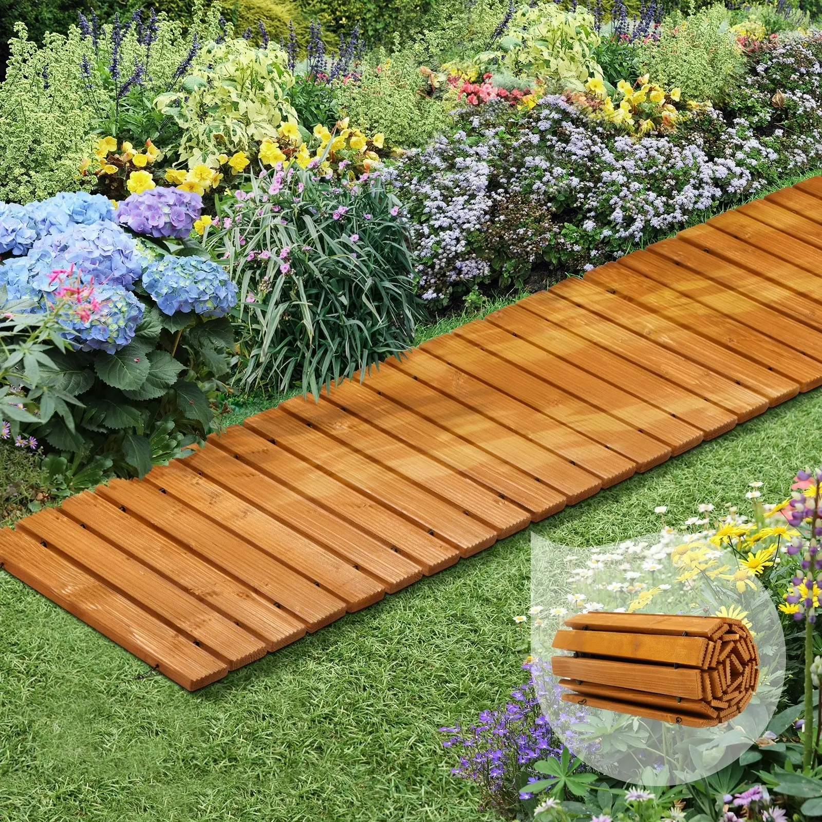 Livsip Garden Wooden Pathway 8ft Straight Roll-Out Wood Walkway Outdoor Backyard