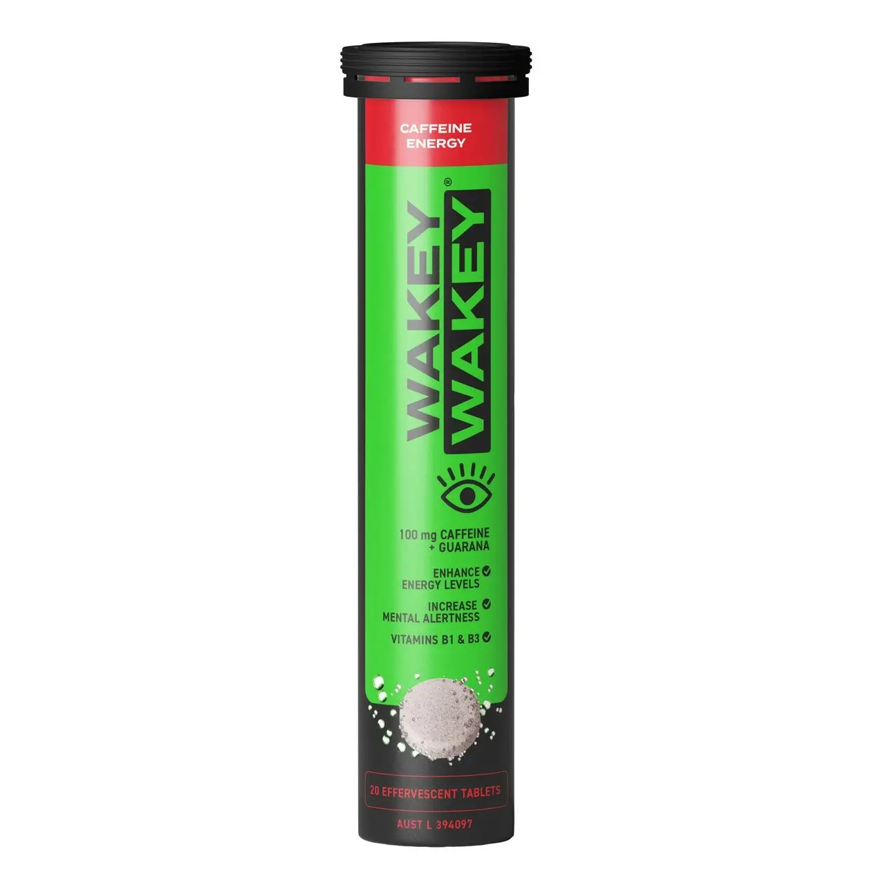 Wakey Wakey Energy Caffeine with Guarana Effervescent Vitamin B1 and B3, 20 Tablets