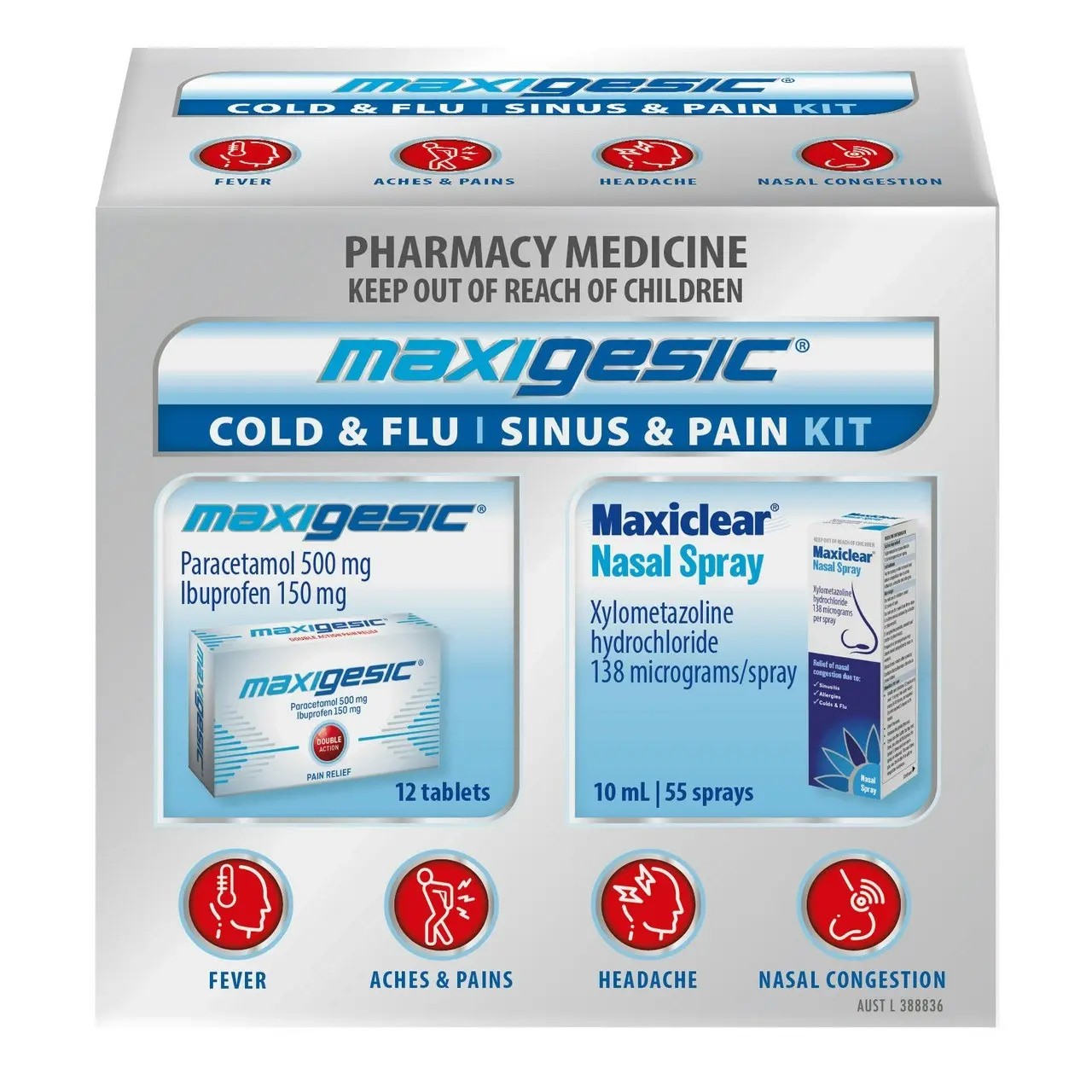 MAXIGESIC Cold & Flu Kit 12 Tablets + Maxiclear Nasal Spray 10ml