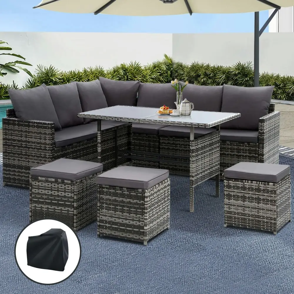 Gardeon Outdoor Dining Set Sofa Lounge Setting Chairs Table Ottoman Grey Cover