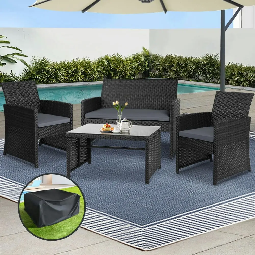 Gardeon 4 PCS Outdoor Sofa Set with Storage Cover Rattan Chair Furniture Black