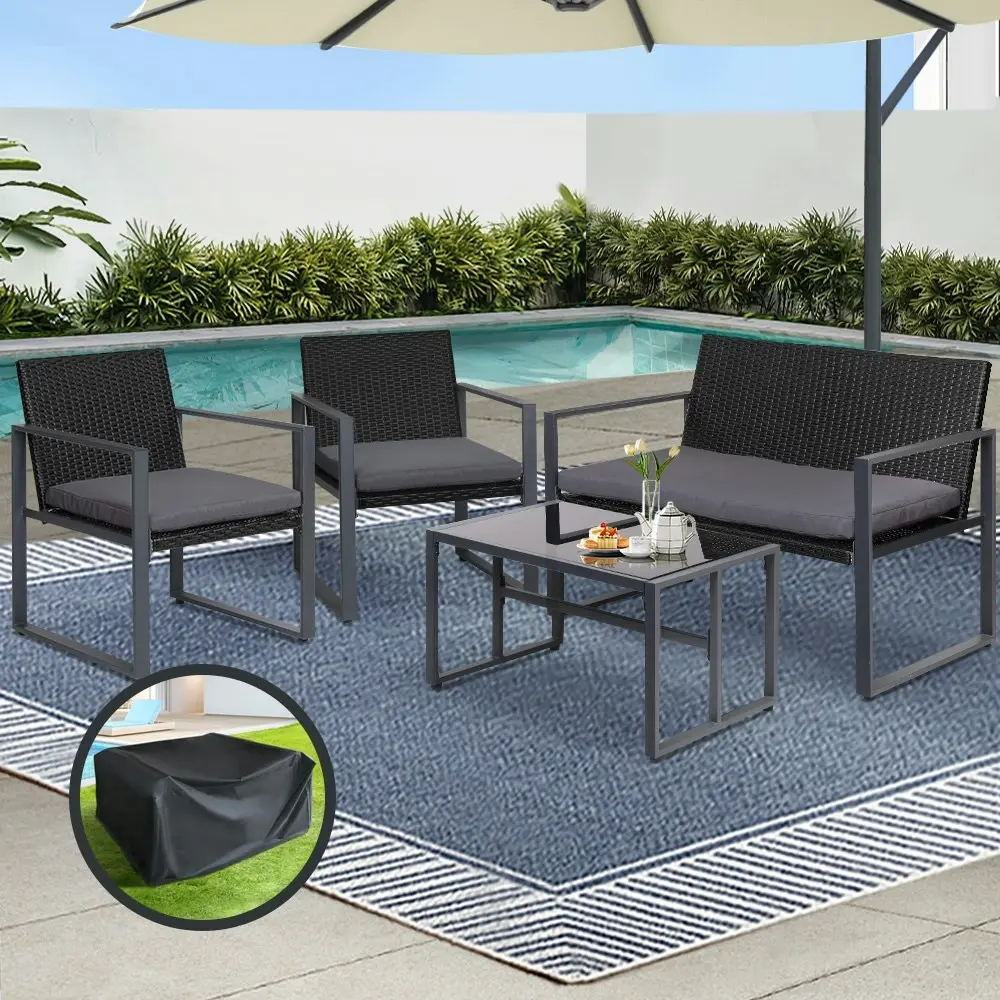 Gardeon 4 PCS Outdoor Sofa Set Rattan Furniture with Storage Cover Chairs Black