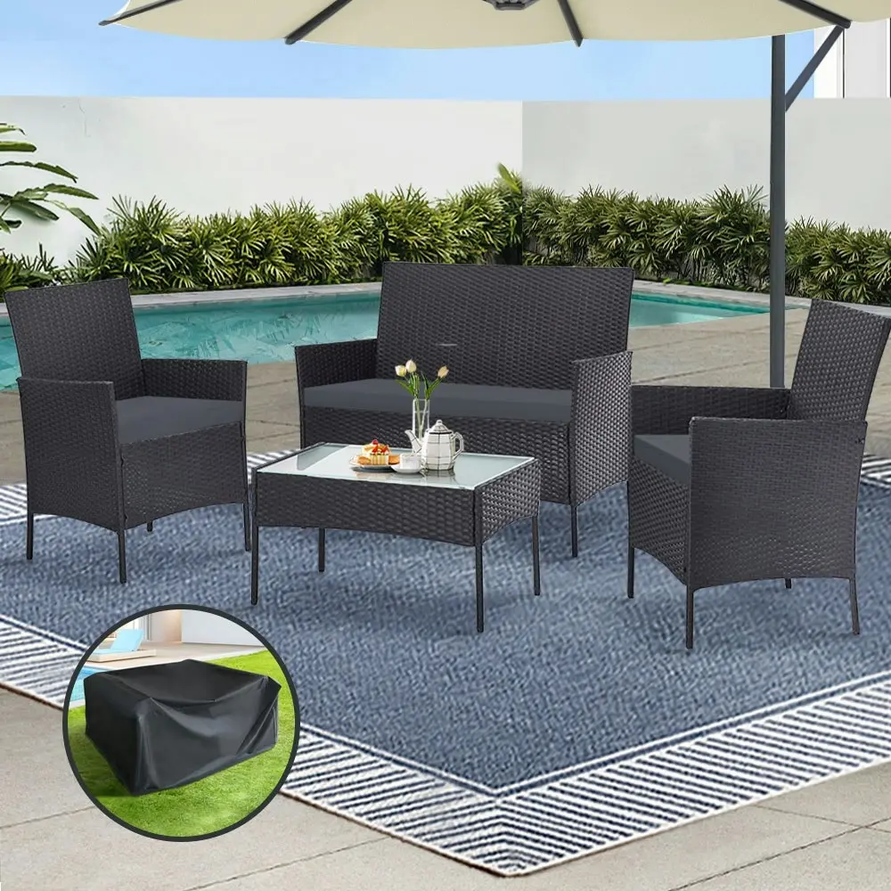 Gardeon 4 Seater Outdoor Sofa Set with Storage Cover Wicker Table Chair DarkGrey