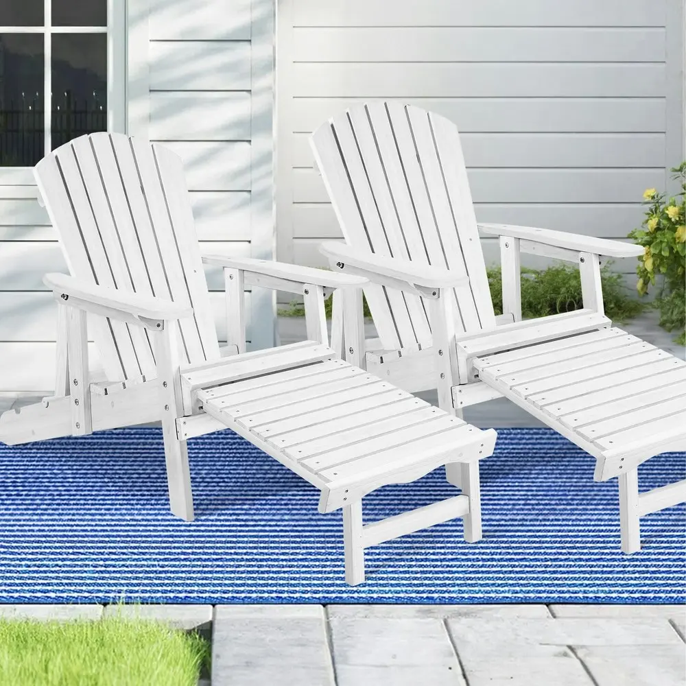 Alfordson 2x Outdoor Chairs Wooden Adirondack w/ Ottoman Patio Beach Garden White