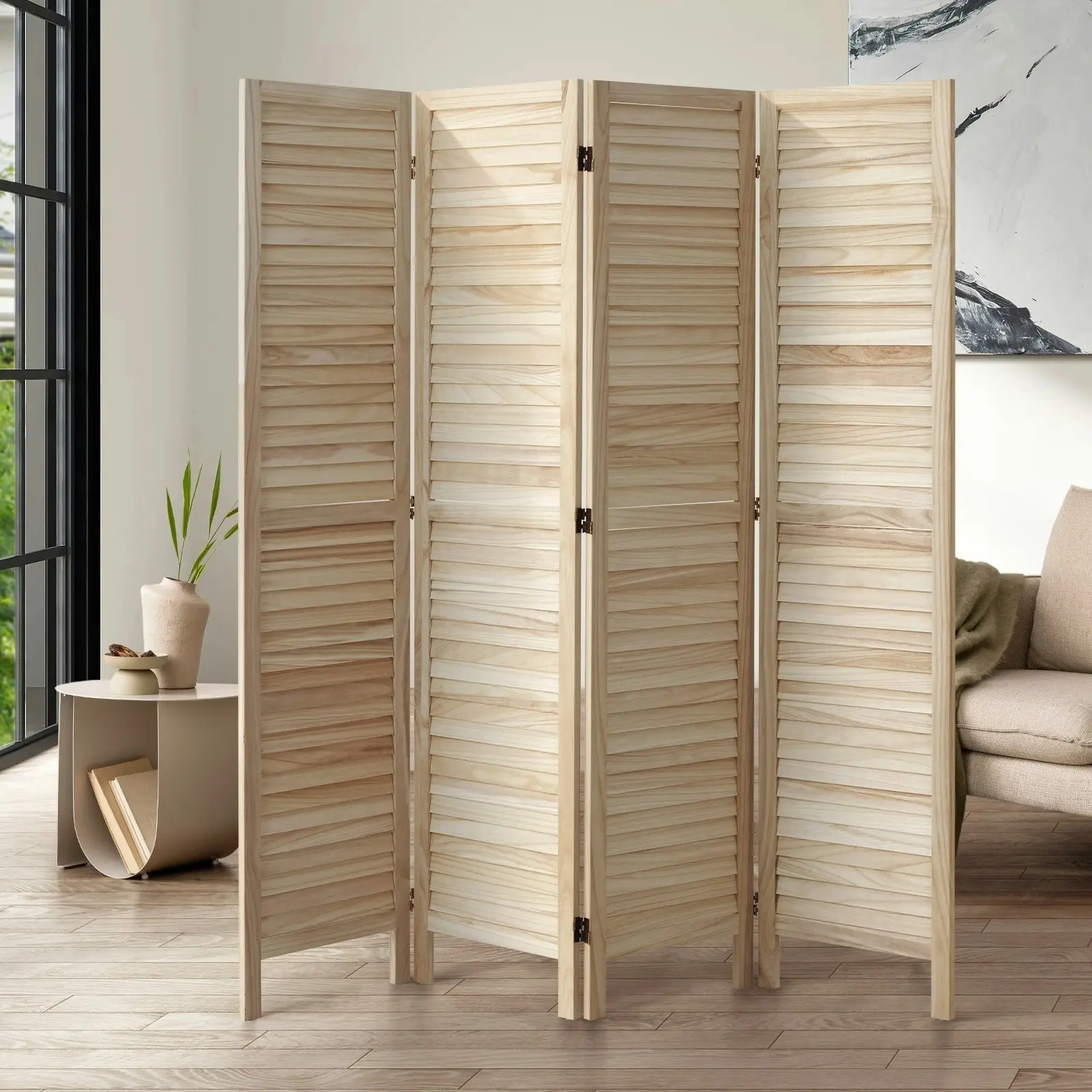 Oikiture 4 Panel Room Divider Privacy Screen Partition Timber Wooden Natural