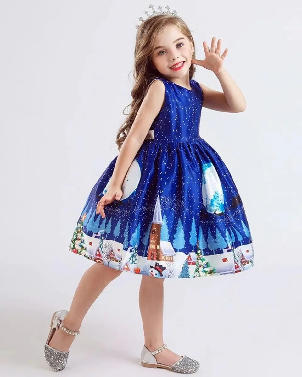 Dark Blue Sleeveless Christmas Girls Dress