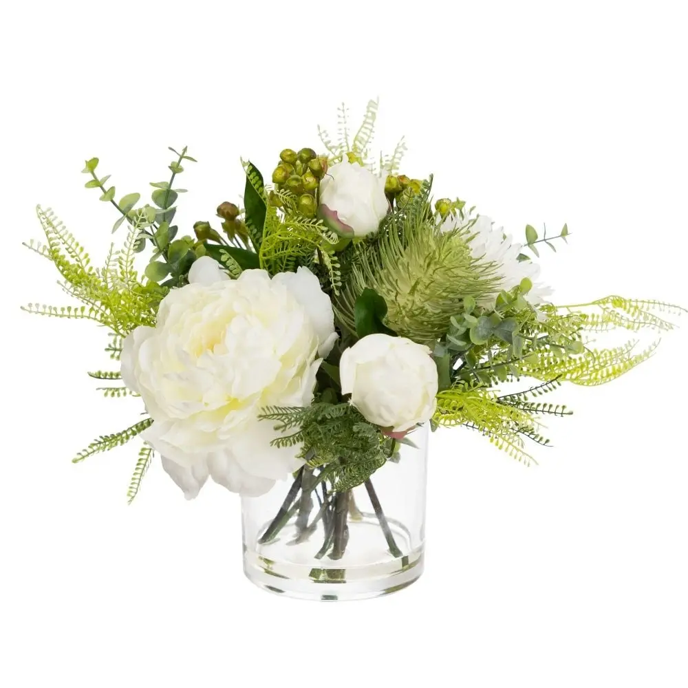 Glamorous Fusion Peony & Banksia 30cm White Artificial Faux Plant Flower Decorative Mixed Arrangement In Glass