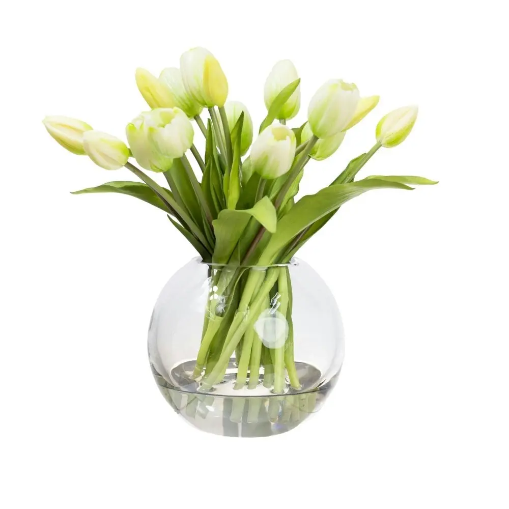 Glamorous Fusion White Tulip 29cm Artificial Faux Flower Plant Decorative Arrangement In Fishbowl