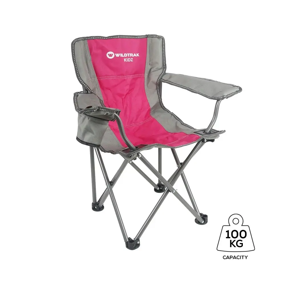 WILDTRAK™ KIDZ Pink/Grey Foldable Camp Chair, Easy Clean Fabric, Drink Holder, Carry Bag with Shoulder Strap