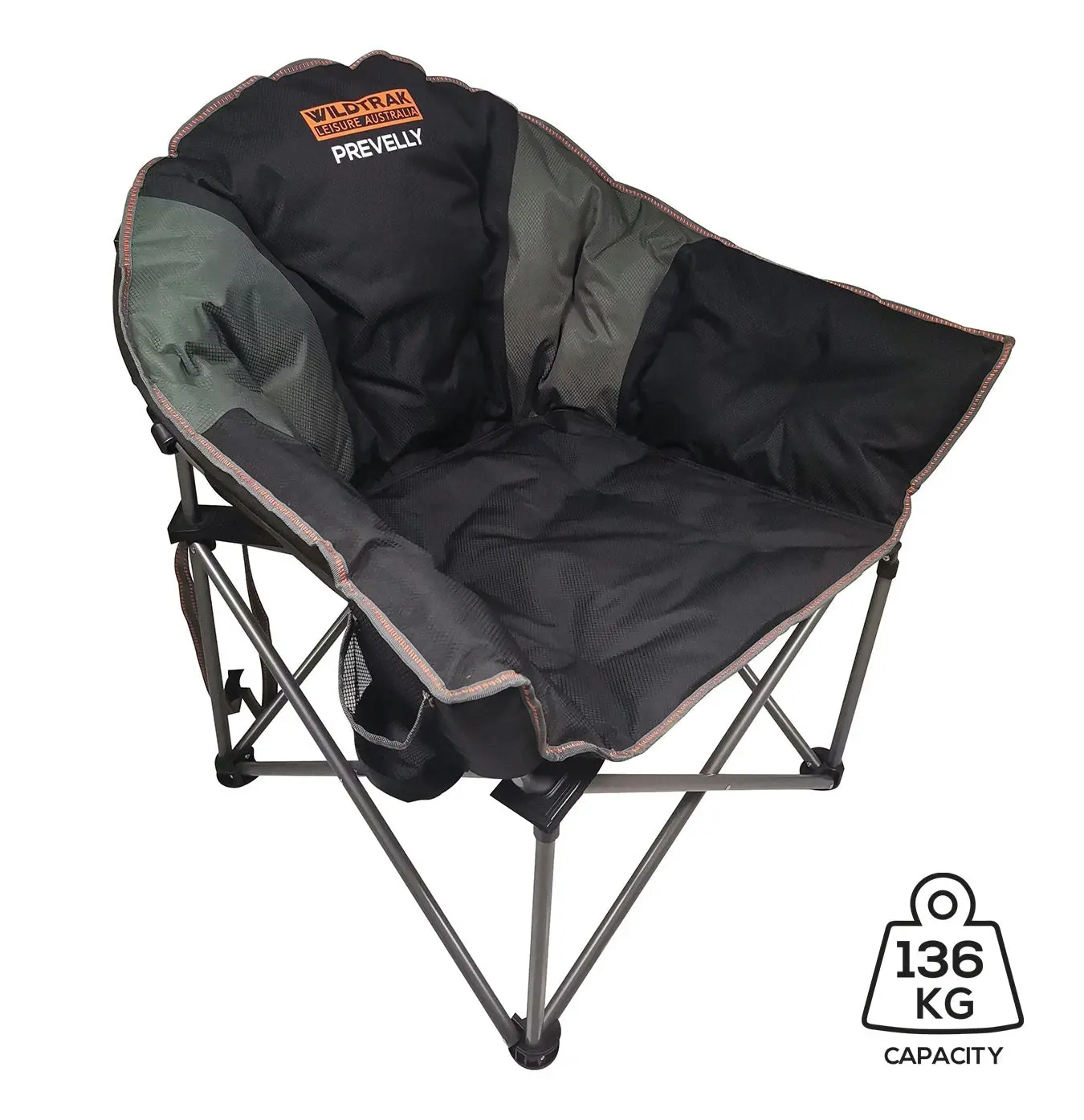 WILDTRAK™ Deluxe Prevelly Foldable Camp Chair, Fully Cushioned, Extra Wide Comfort Seat, Drink Holder, Carry Bag with Shoulder Strap