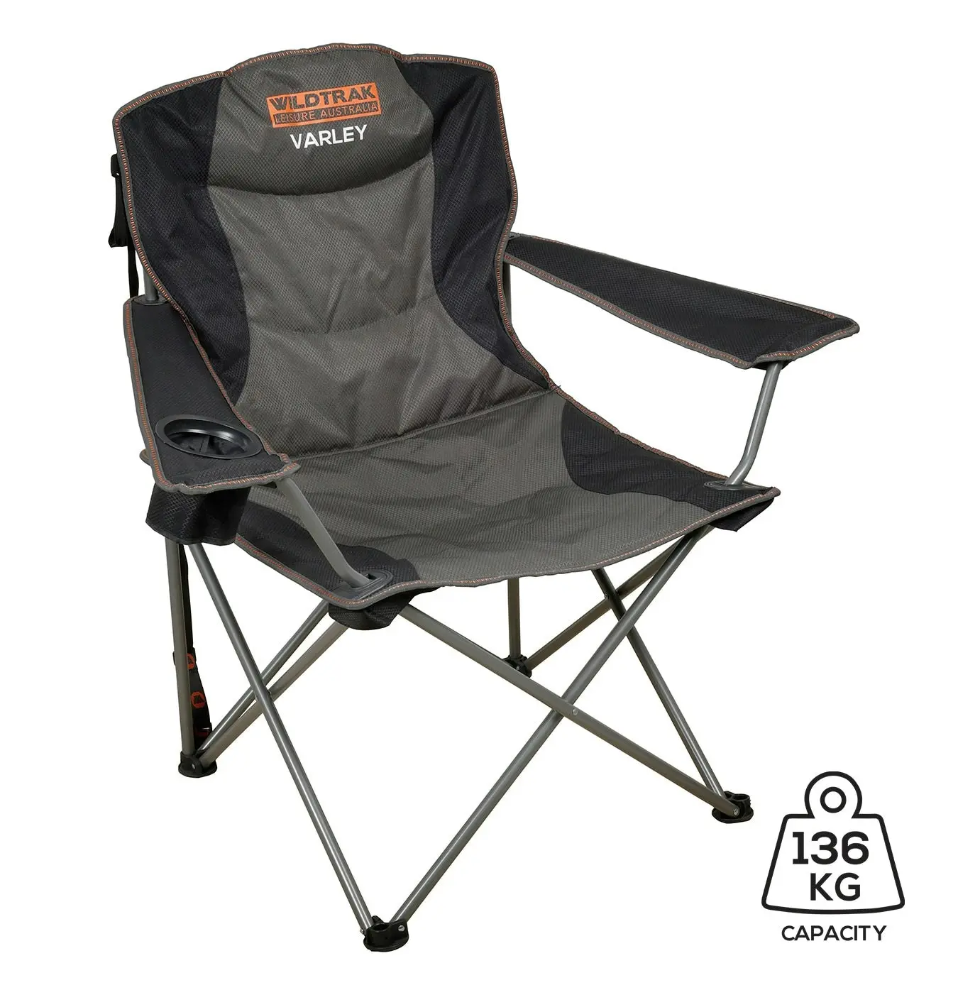 Wildtrak™ Varley Camp Chair with High-tensile Steel Frame, Cushioned Back Rest, Drink Holder, Headrest Storage Pocket for Carry Bag with Handles