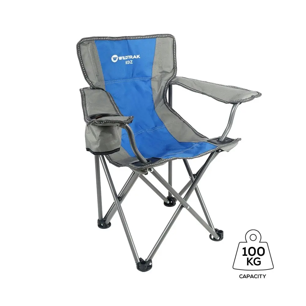 WILDTRAK™ KIDZ Blue/Grey Foldable Camp Chair, Easy Clean Fabric, Drink Holder, Carry Bag with Shoulder Strap