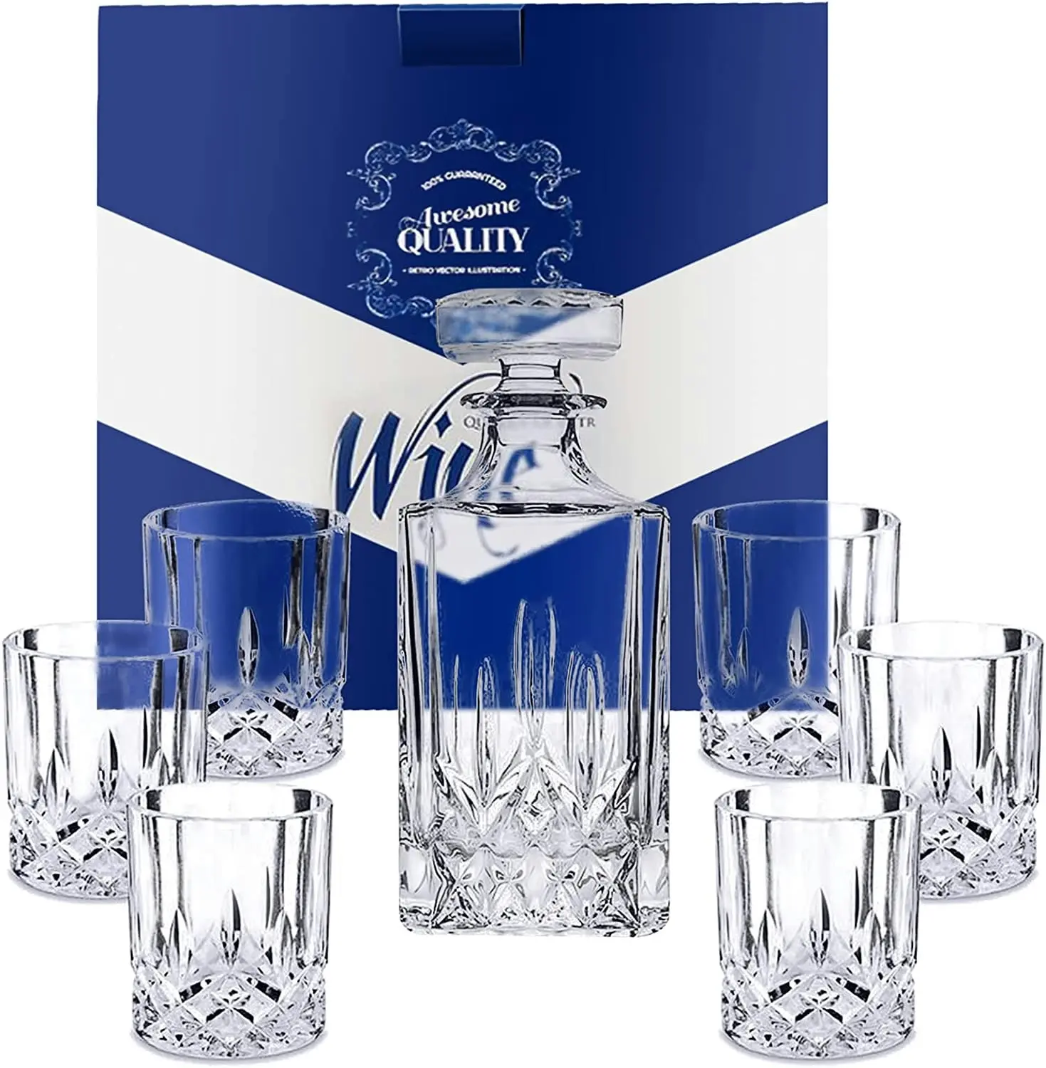 Premium Whiskey Decanter set with 6 glasses, 7 piece set