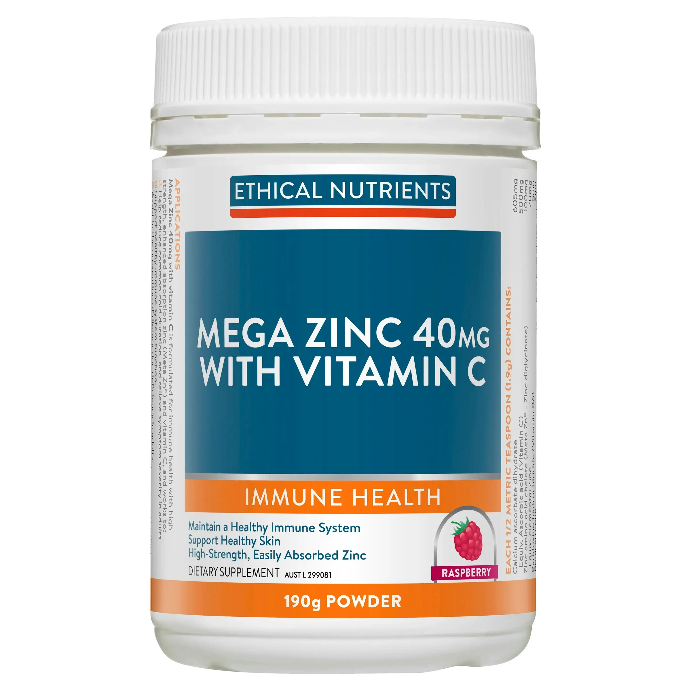 Ethical Nutrients Mega Zinc 40mg with Vitamin C Raspberry 190g Powder