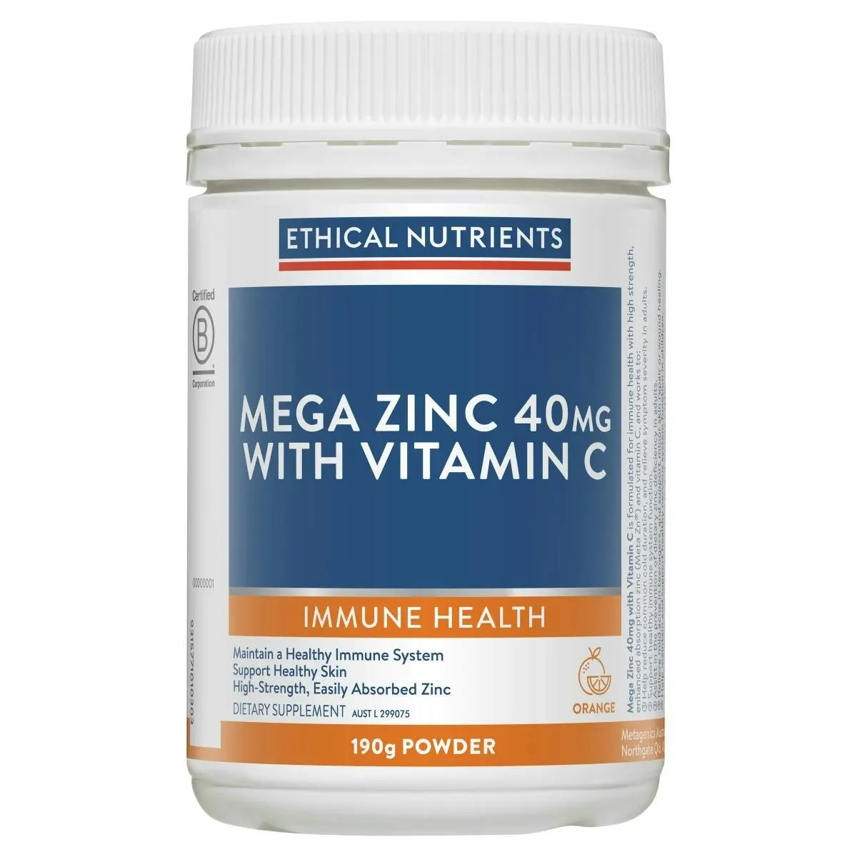 Ethical Nutrients Mega Zinc 40mg with Vitamin C Orange 190g Powder