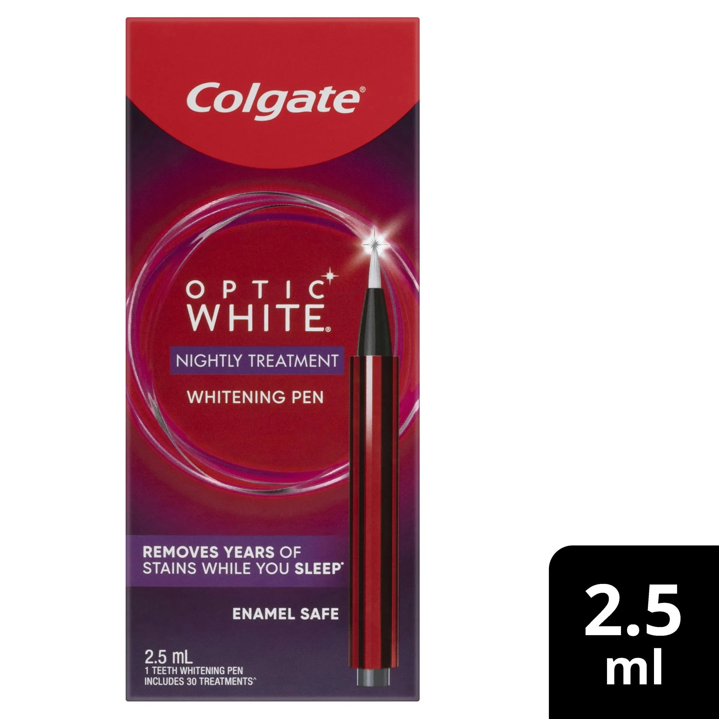 Colgate Optic White Overnight Teeth Whitening Treatment Pen With Hydrogen Peroxide Enamel Safe 2.5mL