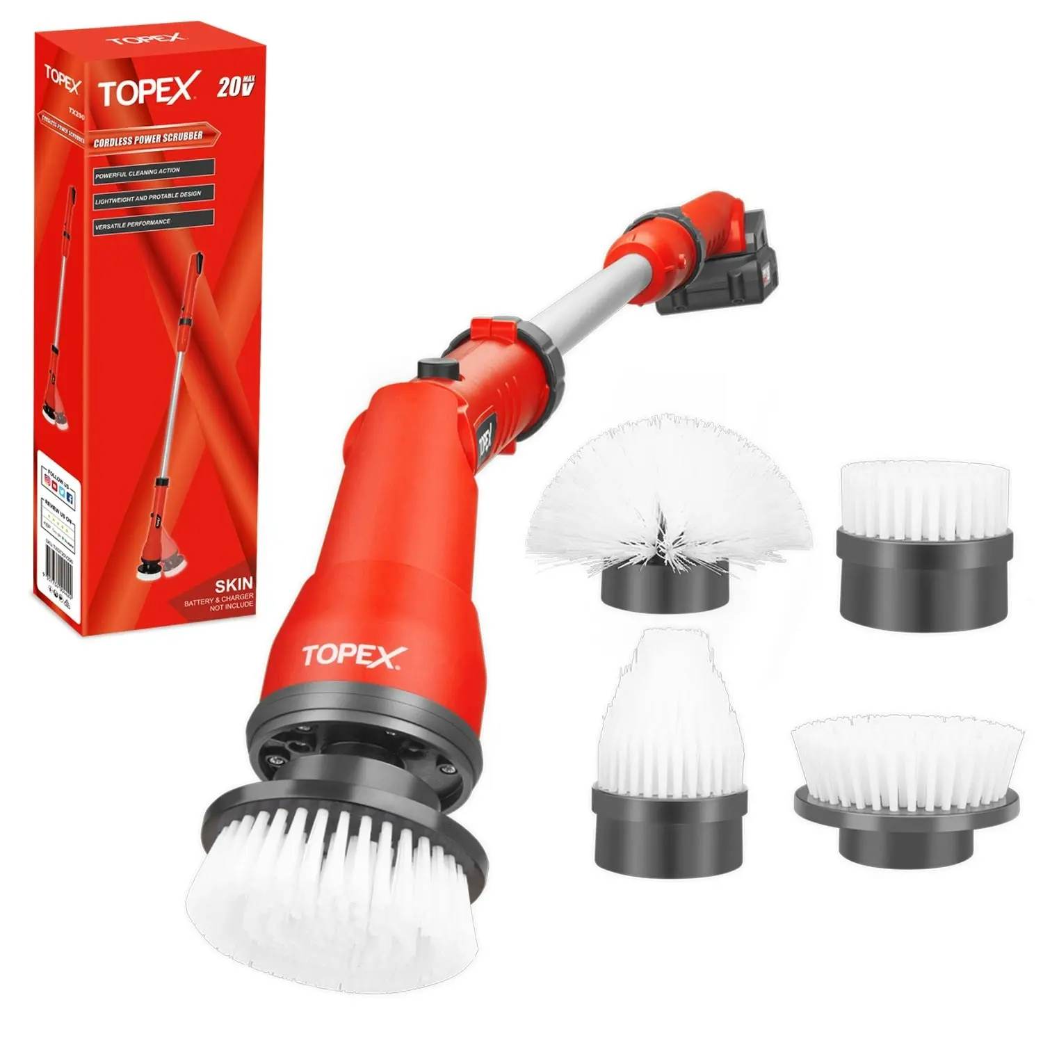 Topex 20V Cordless Power Scrubber With Extension Long Handle & 4 Replaceable Brush Heads,2 Speeds Power Scrubber Brush