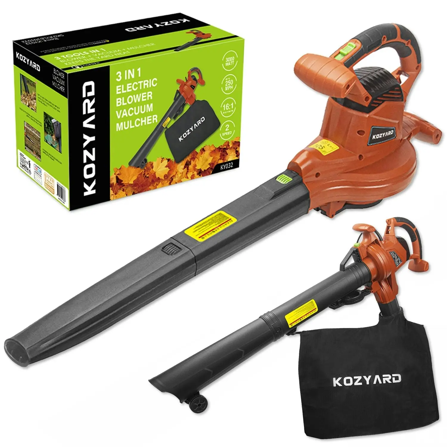 Kozyard 3-in-1 Electric Leaf Blower Vacuum Mulcher 3000W Hand-Held Leaf Vac Garden Gauge