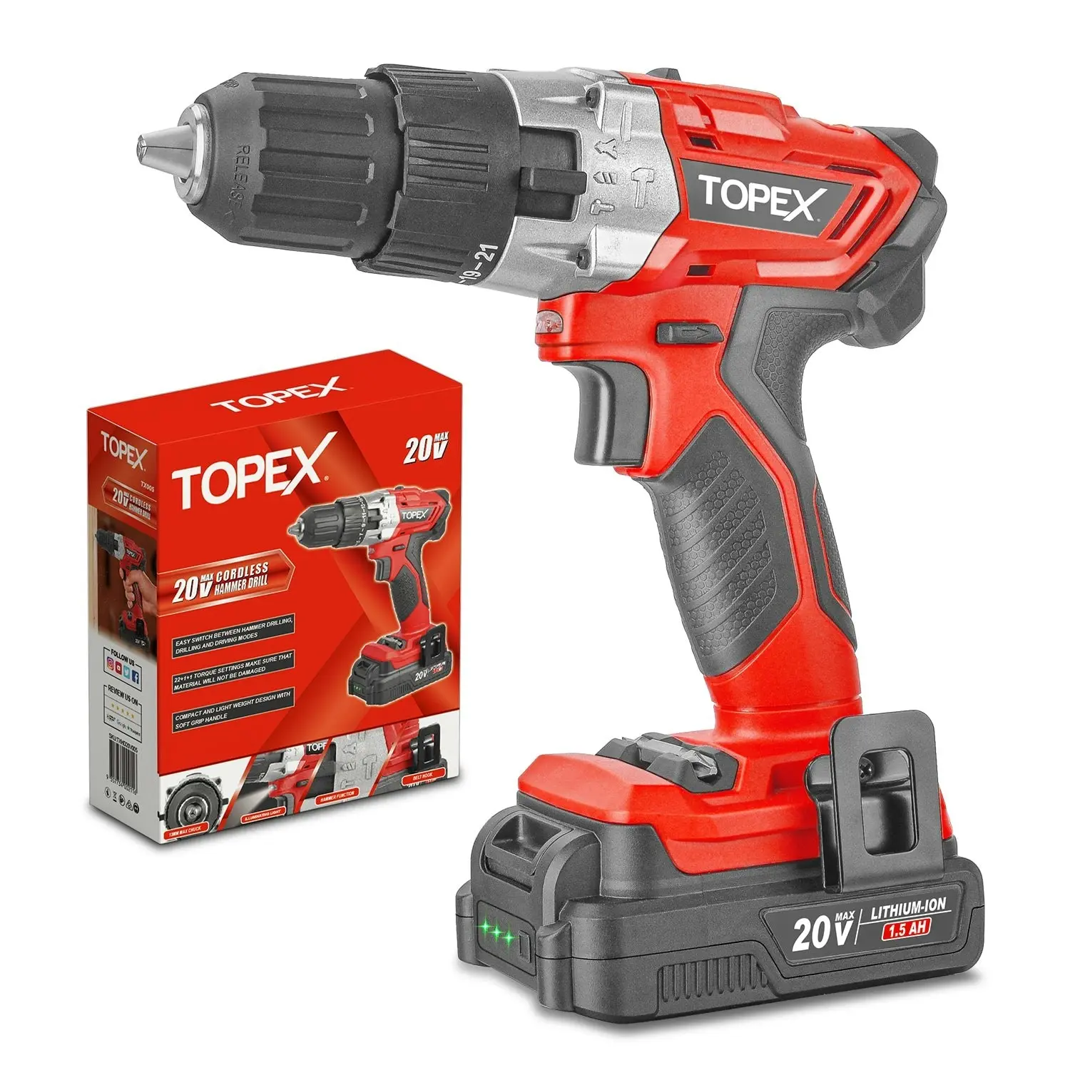 Topex 20V Lithium-Ion Cordless Drill Driver Impact Hammer drill w/ Battery Charger