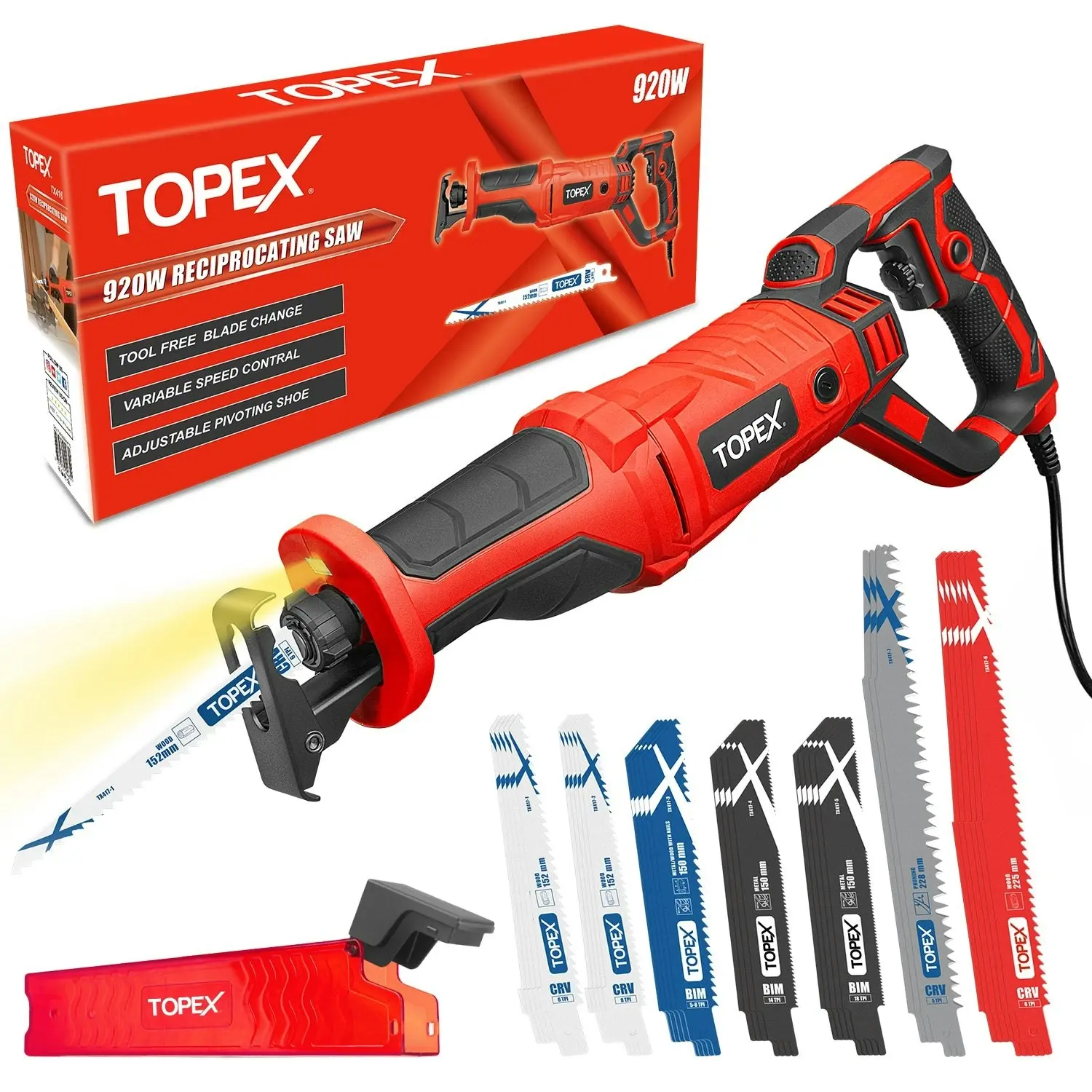 Topex 920W Reciprocating Saw w/ 34 Pcs Blades  Quickly Cut Depth in Wood and Metal Cutting