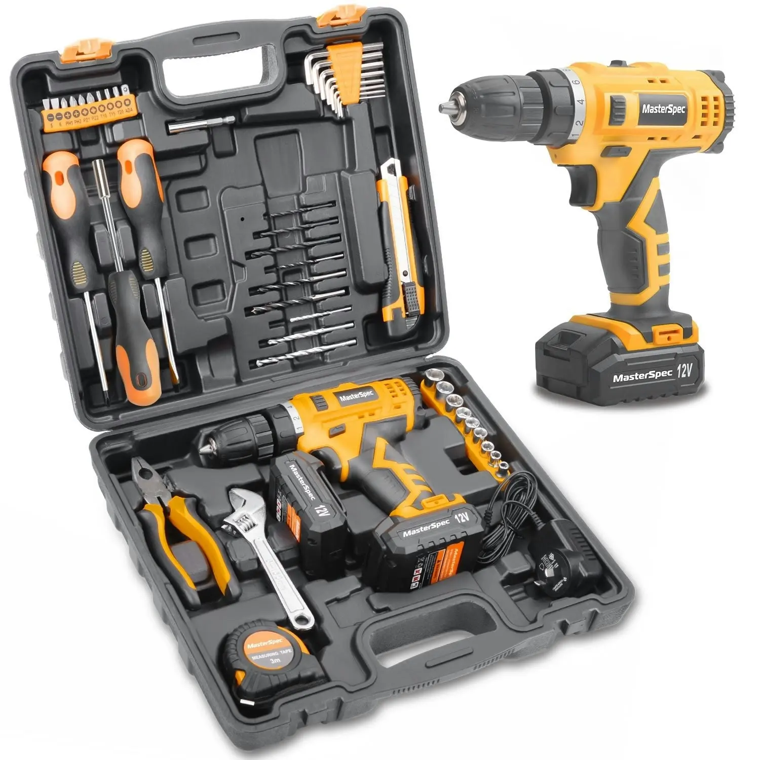 MasterSpec 47PCs 12V Lithium Cordless Drill with 2 Batteries