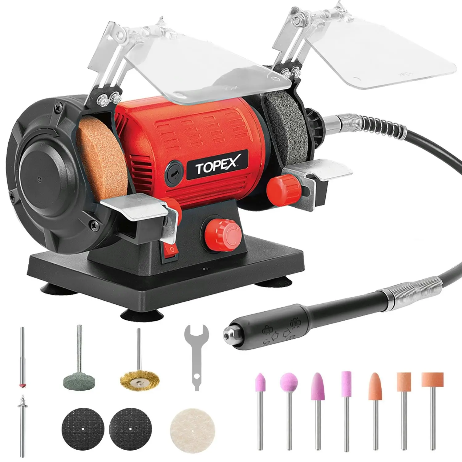 Topex 120W Bench Grinder w/ 2 Grinding Wheels& Adjustable Tool Rests& Eye-Protecting Shields& Static Wheel Guards