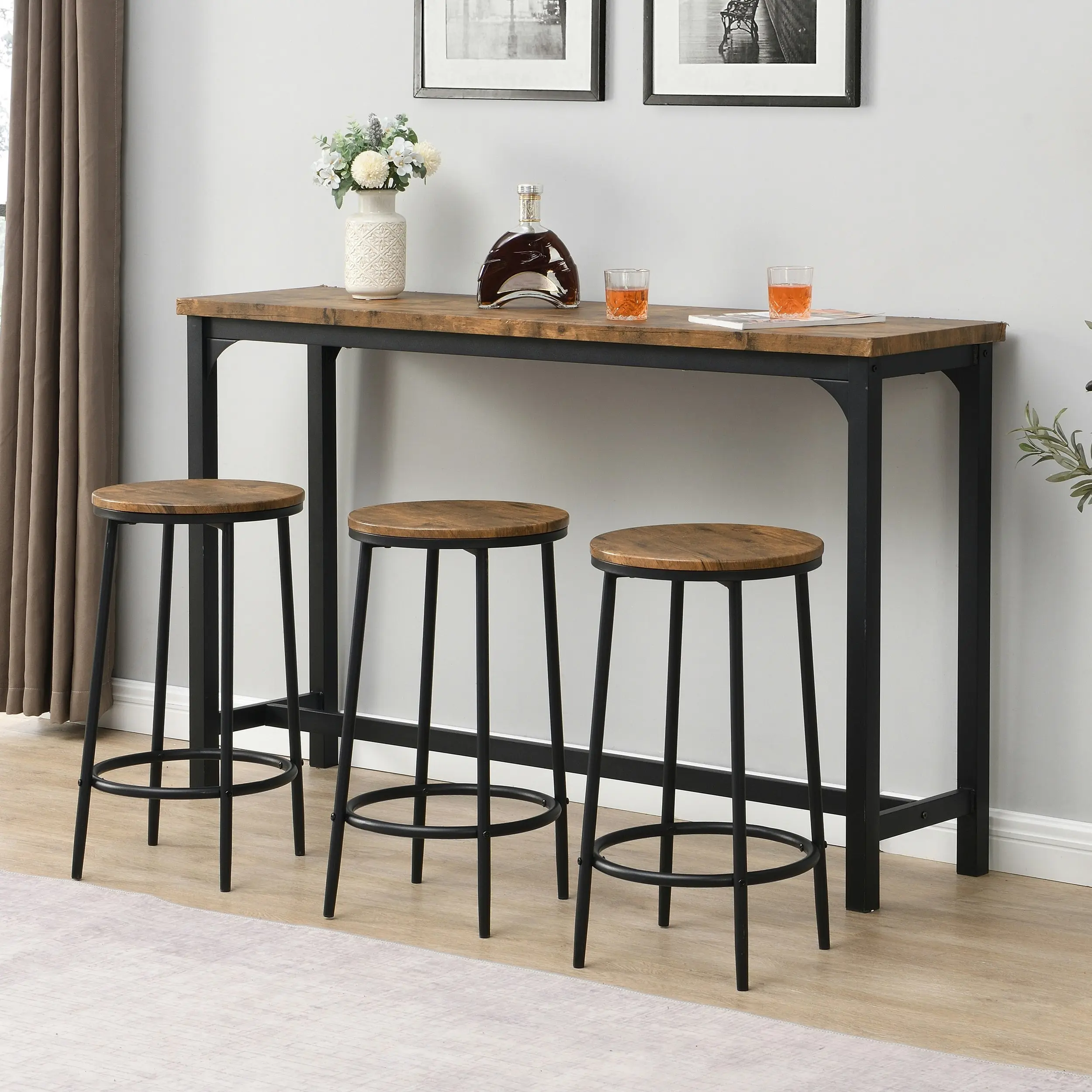 IHOMDEC Industrial 4-Piece Metal & MDF Console Table Set with 3 Stools Rustic Dark Brown