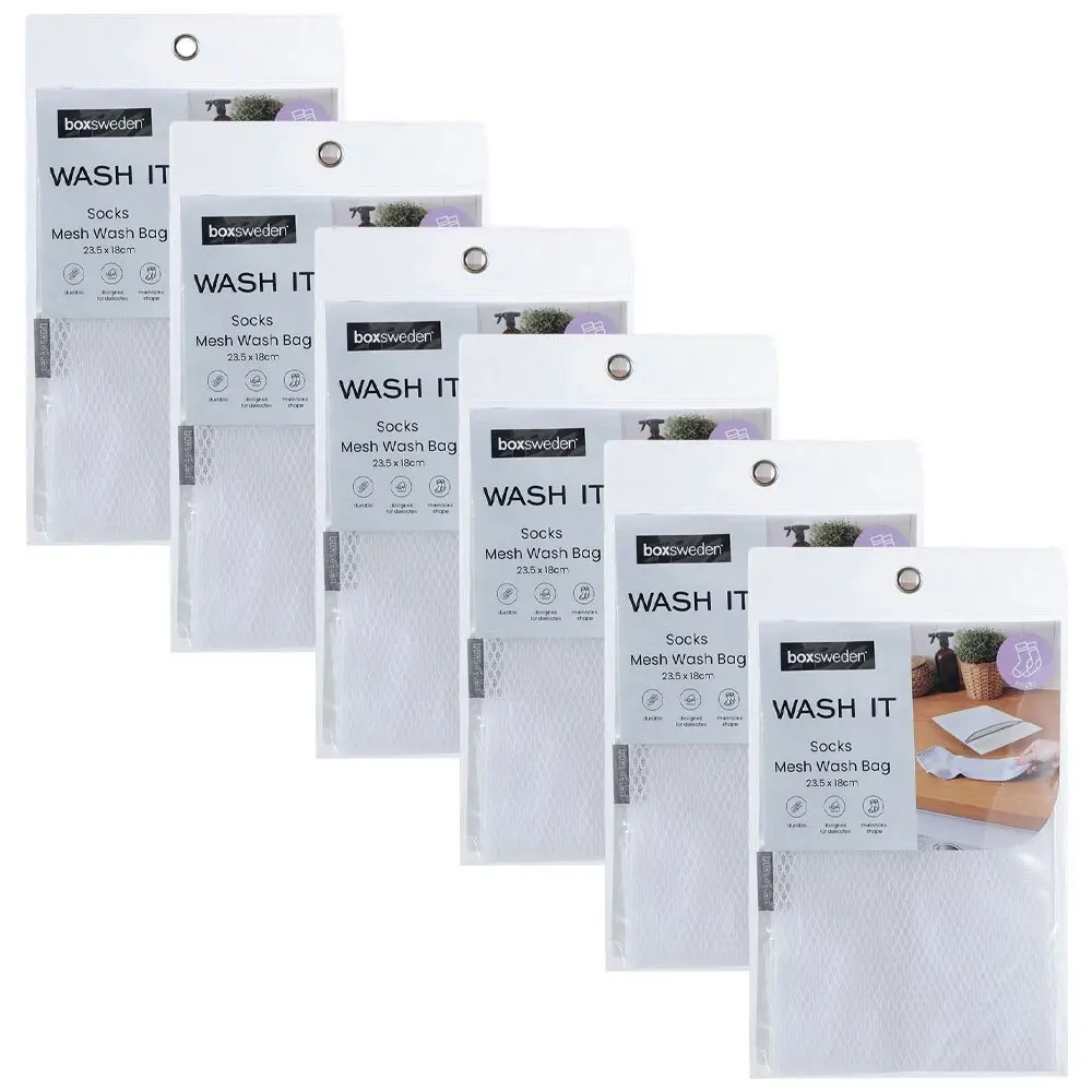 6x Boxsweden Wash It 23.5cm Washing Mesh Sock Bag Laundry Storage White