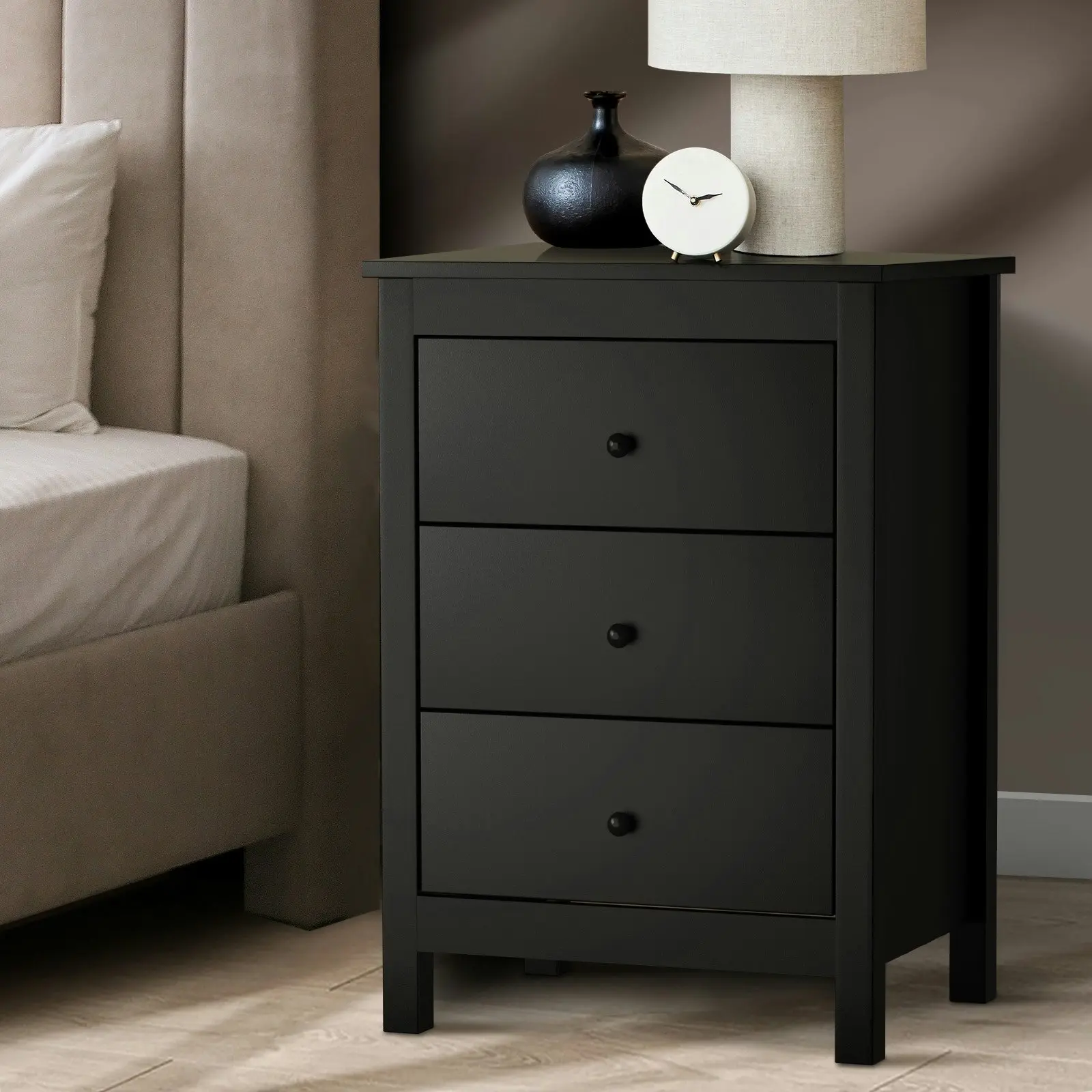 Oikiture Bedside Table 3 Drawers Hamptons Furniture Storage Cabinet Black