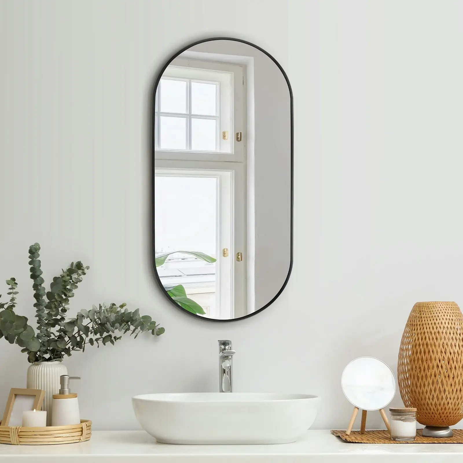 Oikiture Wall Mirrors Oval Makeup Mirror Home Decor Black 76x31cm