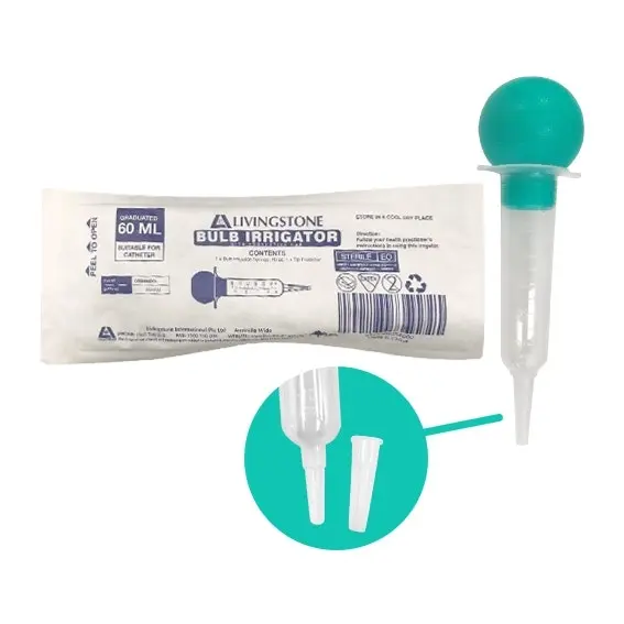 Livingstone Bulb Irrigation Asepto Syringe, 60ml, Catheter Tip with Cap, Latex Free, Sterile, Expiry Date on Carton, 50/Ctn x3