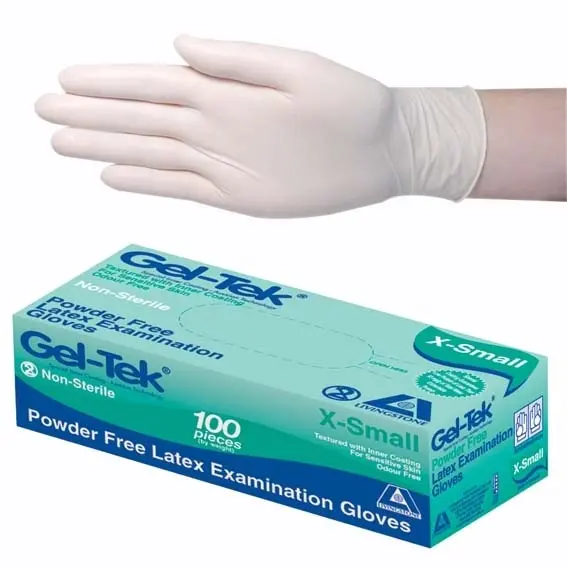 Gel-Tek Latex Examination Gloves, Powder Free, AS/NZ, Biodegradable, Polymer Coated, Textured, X-Small, Cream, 100/Box