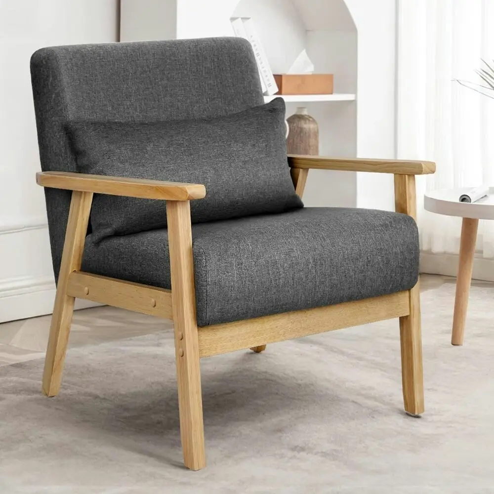 Alfordson Wooden Armchair Lounge Accent Chair Fabric Grey