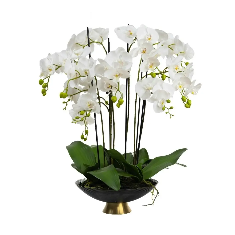 Glamorous Fusion Orchid 80cm Artificial Faux Plant Decorative Arrangement In Black & Gold Stripe Bowl