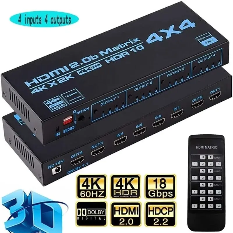 HDMI Matrix Switch 4x4 4K HDMI Matrix Switcher Splitter 4 In 4 Out Box Extractor