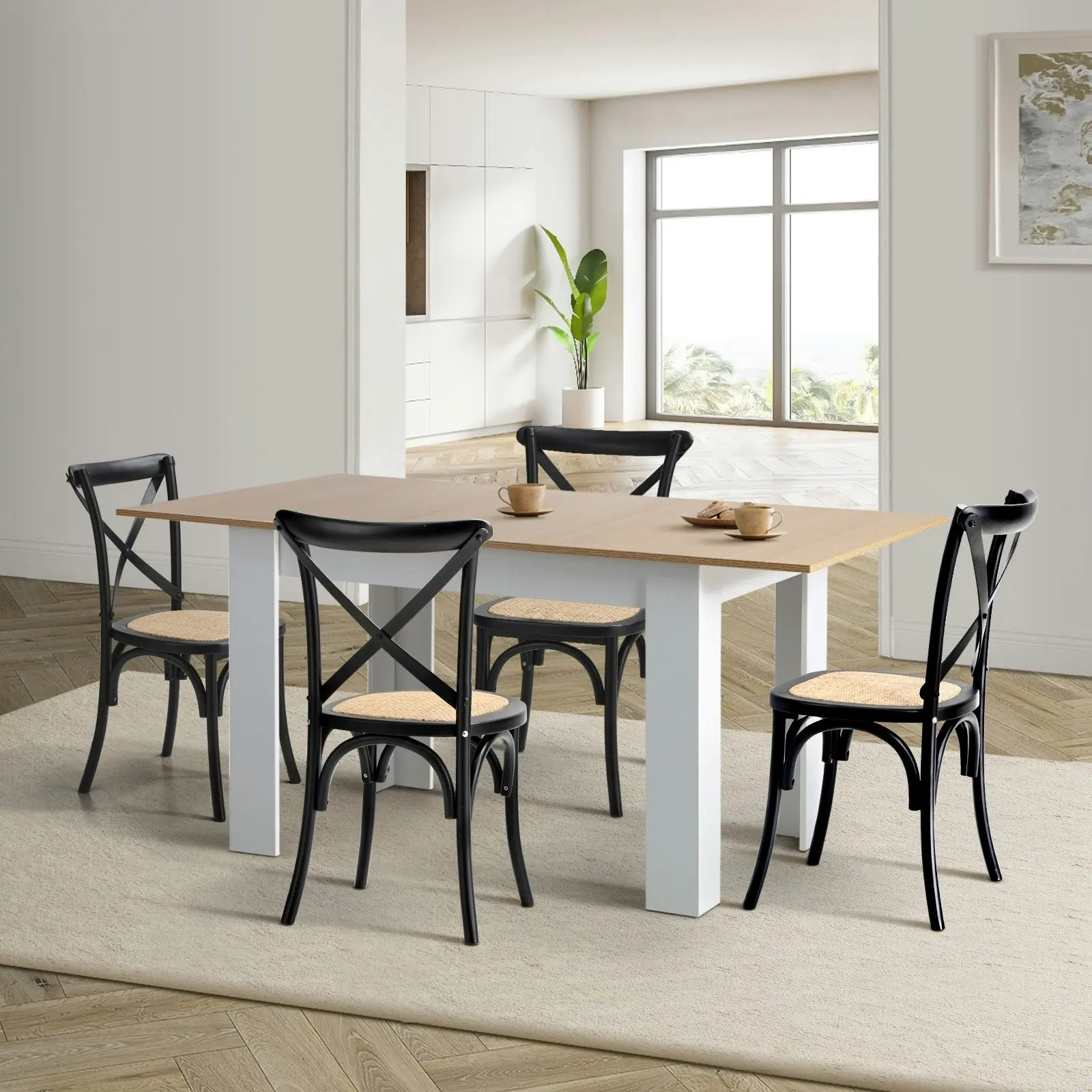 Oikiture 160cm Extendable Dining Table with 4PCS Dining Chairs Crossback Black