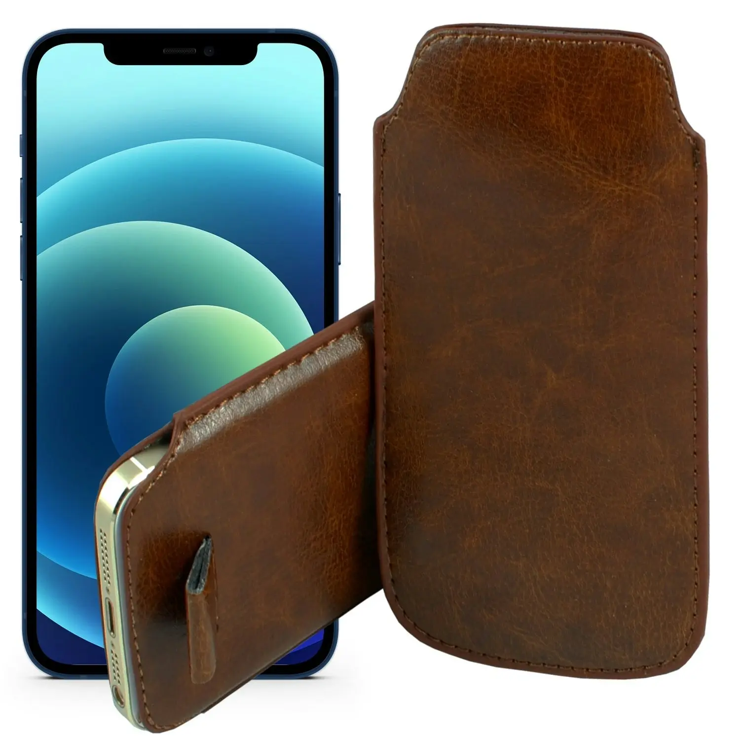 MEZON Pull Tab Slim Pouch for iPhone 13 Pro (6.1") PU Leather Sleeve Case – Shock Absorption – Brown