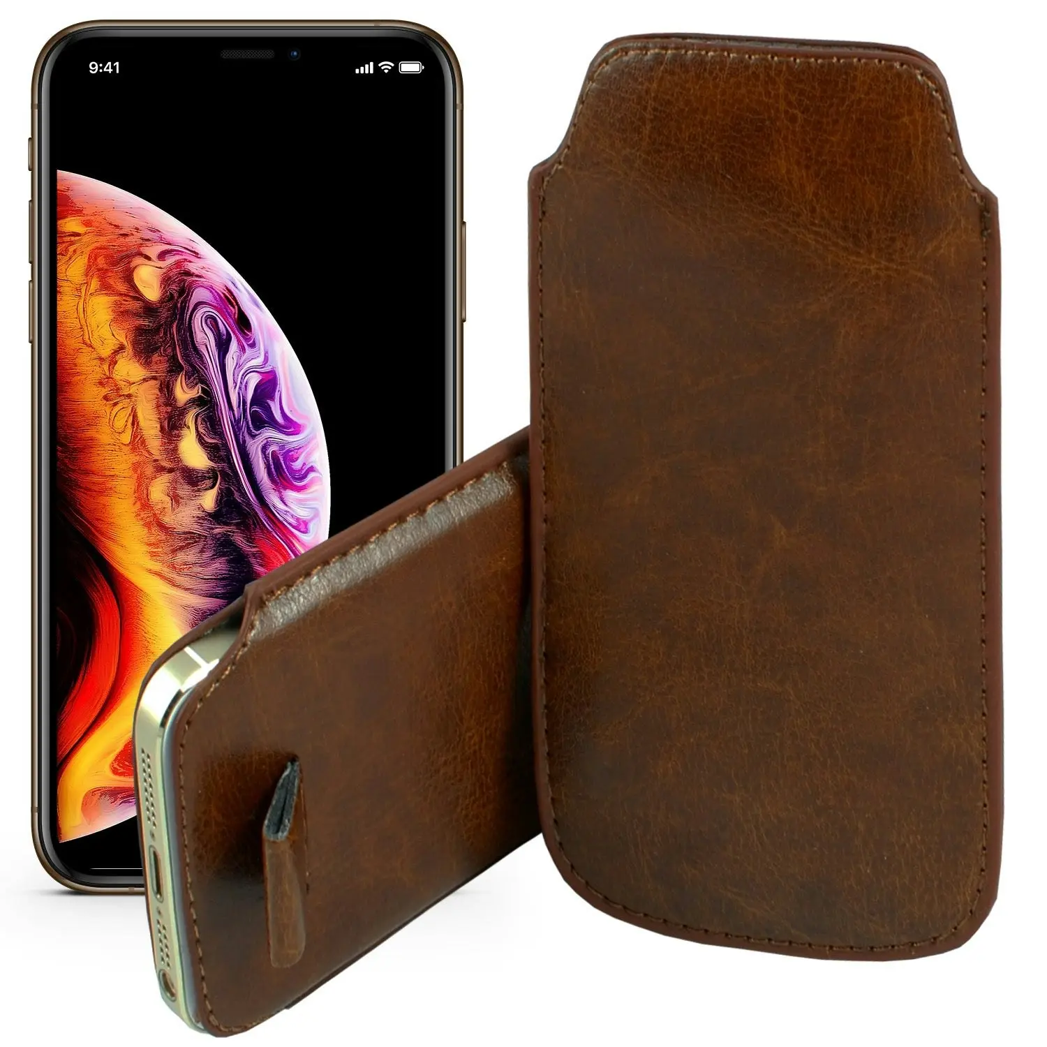 MEZON Apple iPhone 8 (4.7") Brown Pull Tab Slim Faux Leather Pouch Sleeve Case Wireless Charging Compatible (iPhone 8, Brown)