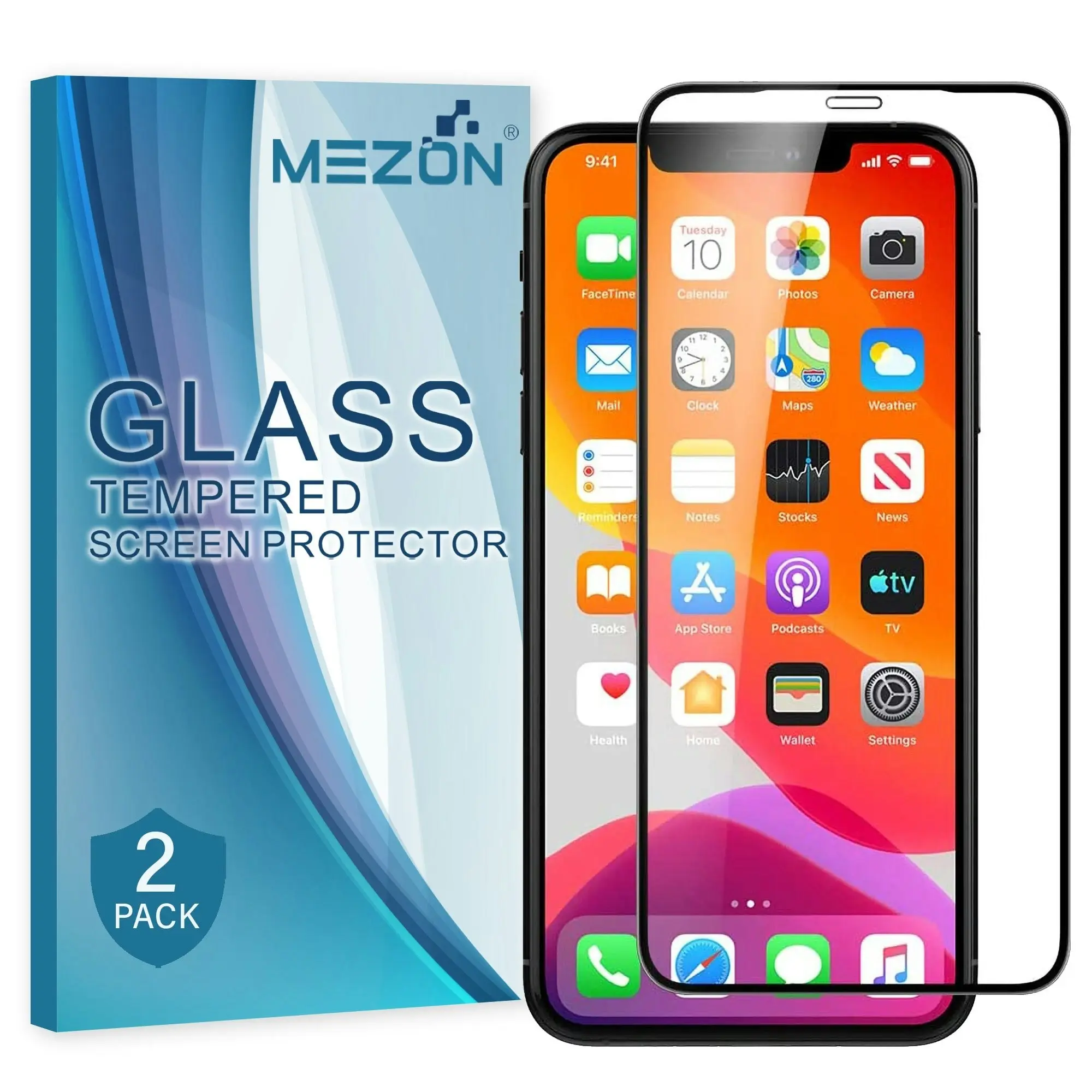 [2 Pack] MEZON Full Coverage Apple iPhone XS Max (6.5") Tempered Glass Crystal Clear Premium 9H HD Screen Protector