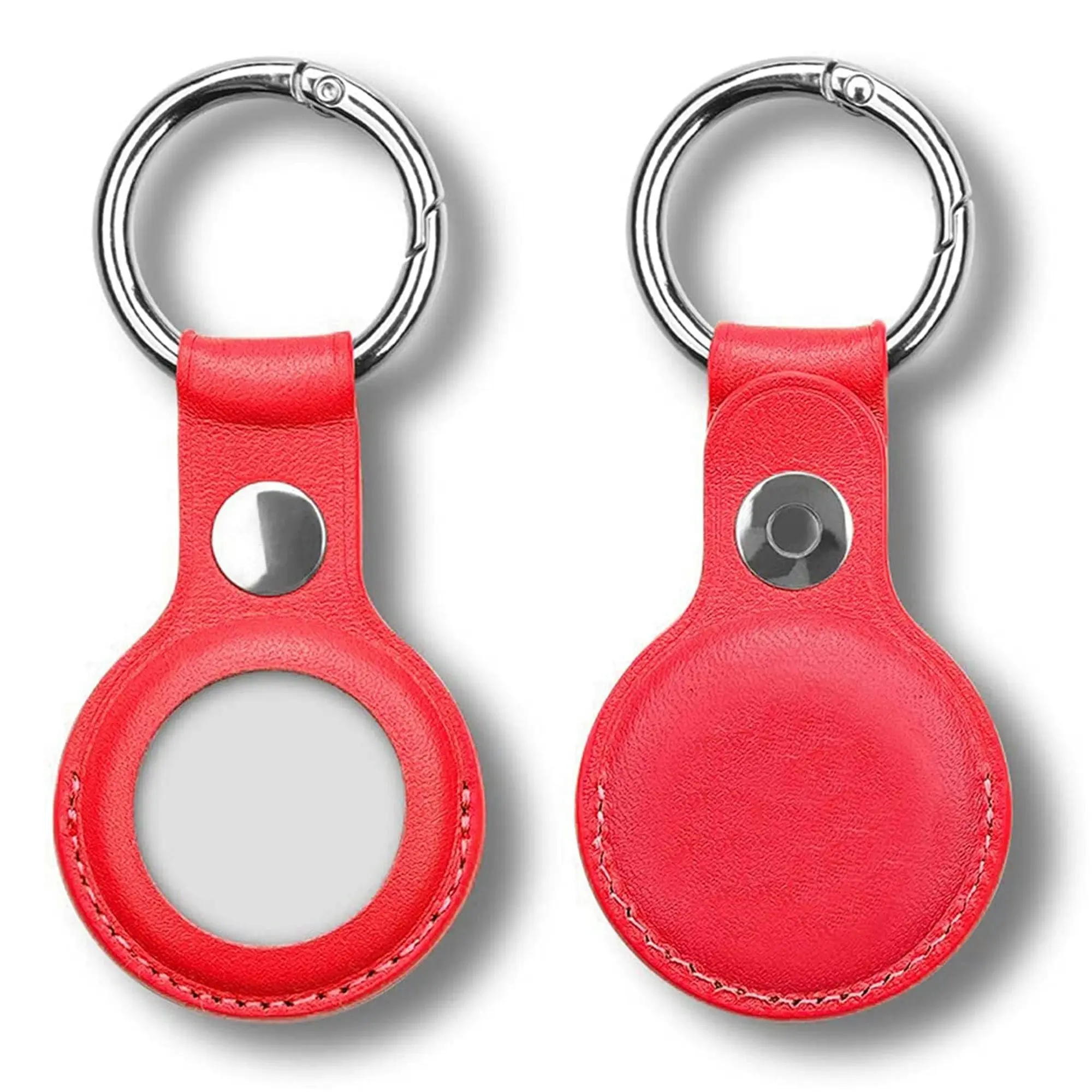 [2 Pack] MEZON Red PU Leather Protective Case Holder for Apple AirTag Tracker with Keychain Ring (Leather, 2x Red)