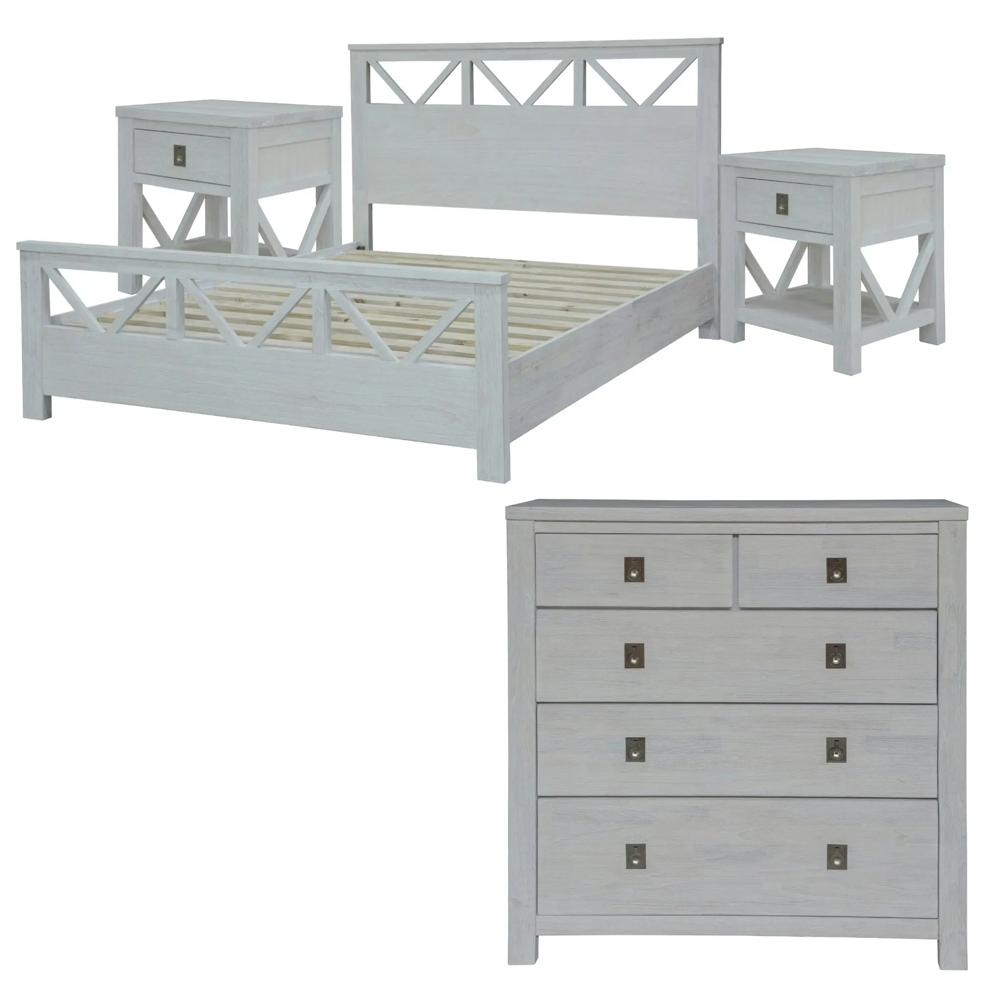 Myer 4pc Bed Frame Suite Bedside Tallboy Package White Wash